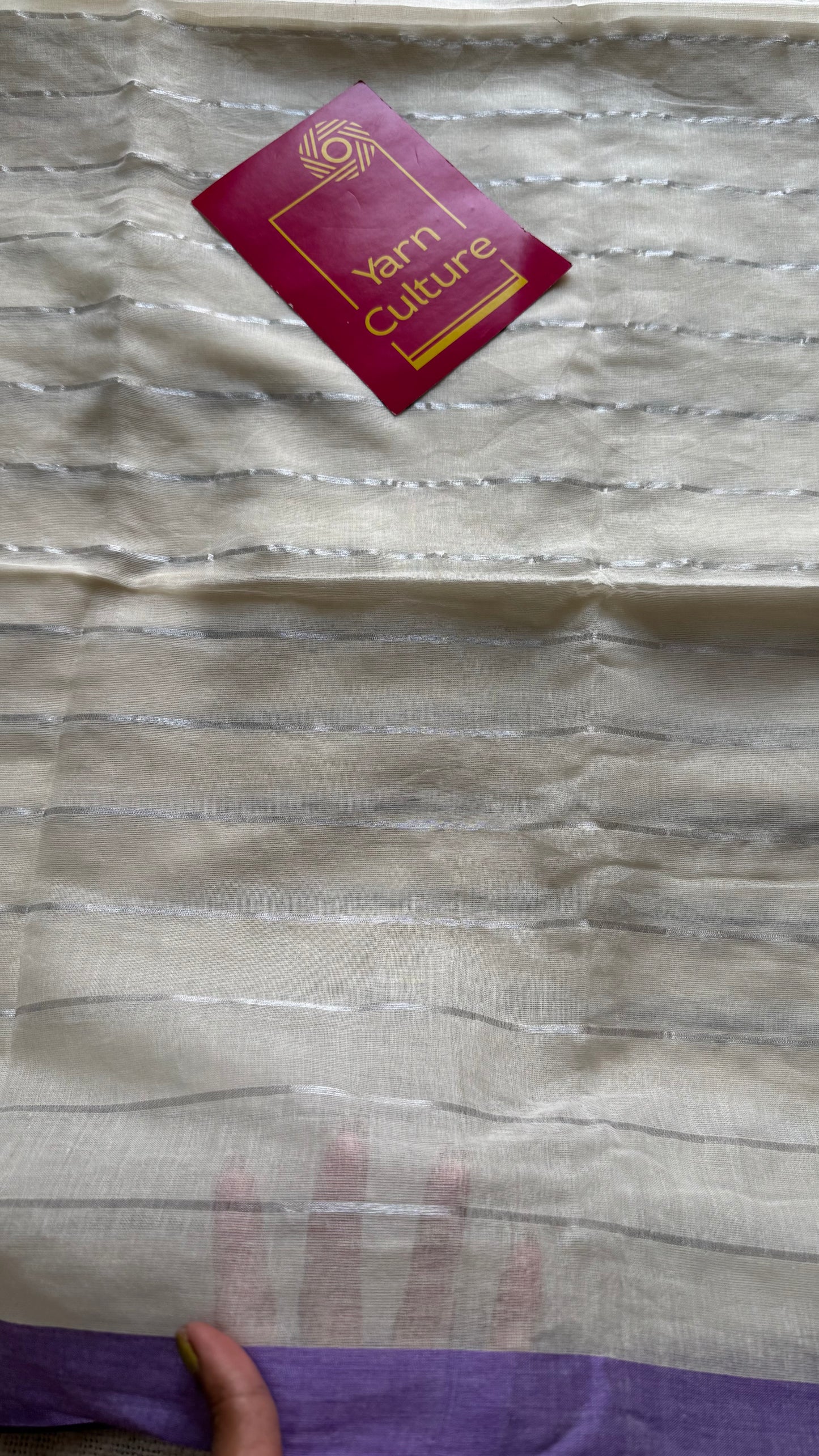 Ivory mul saree with silver zari stripes and purple border - YCBCMCFE288