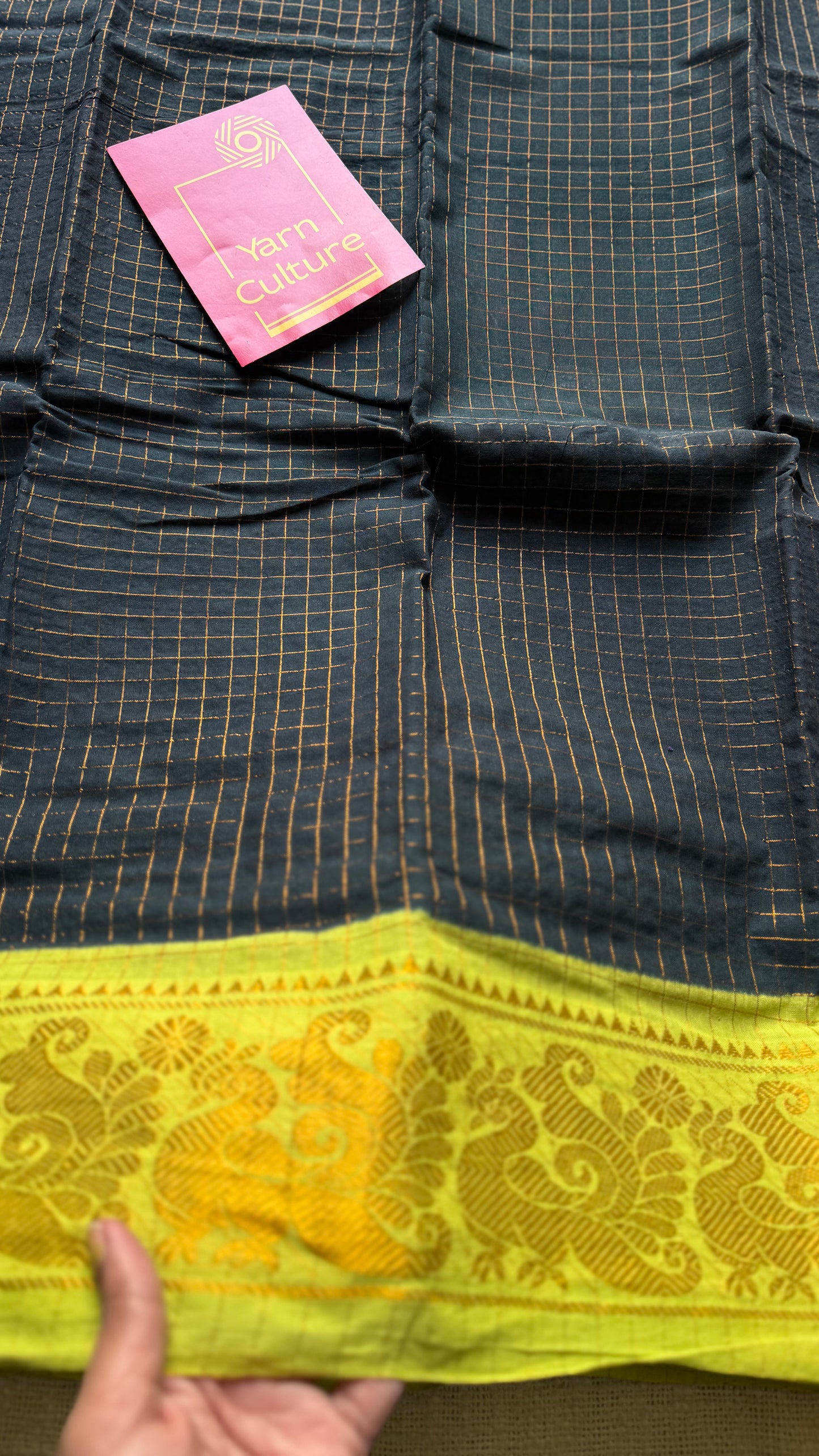 Black with lime green checkered sungudi, madurai cotton - YCCOTNSUDE44