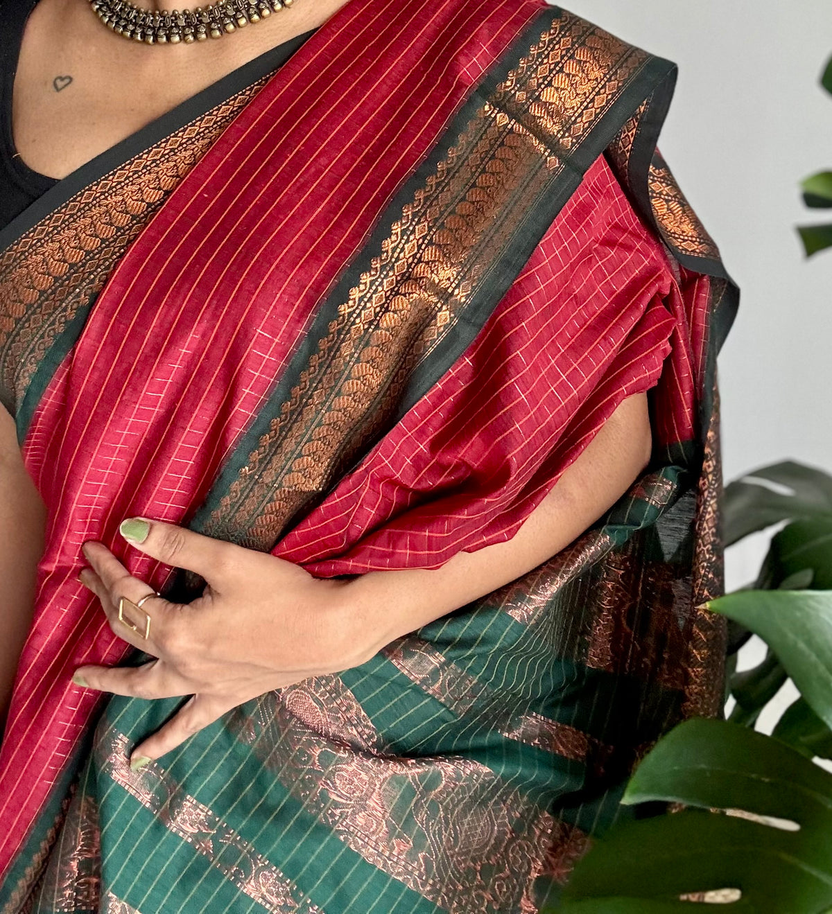 Dark red with green, zari checkered saree, cotton silk - YCCOTNKCOC100