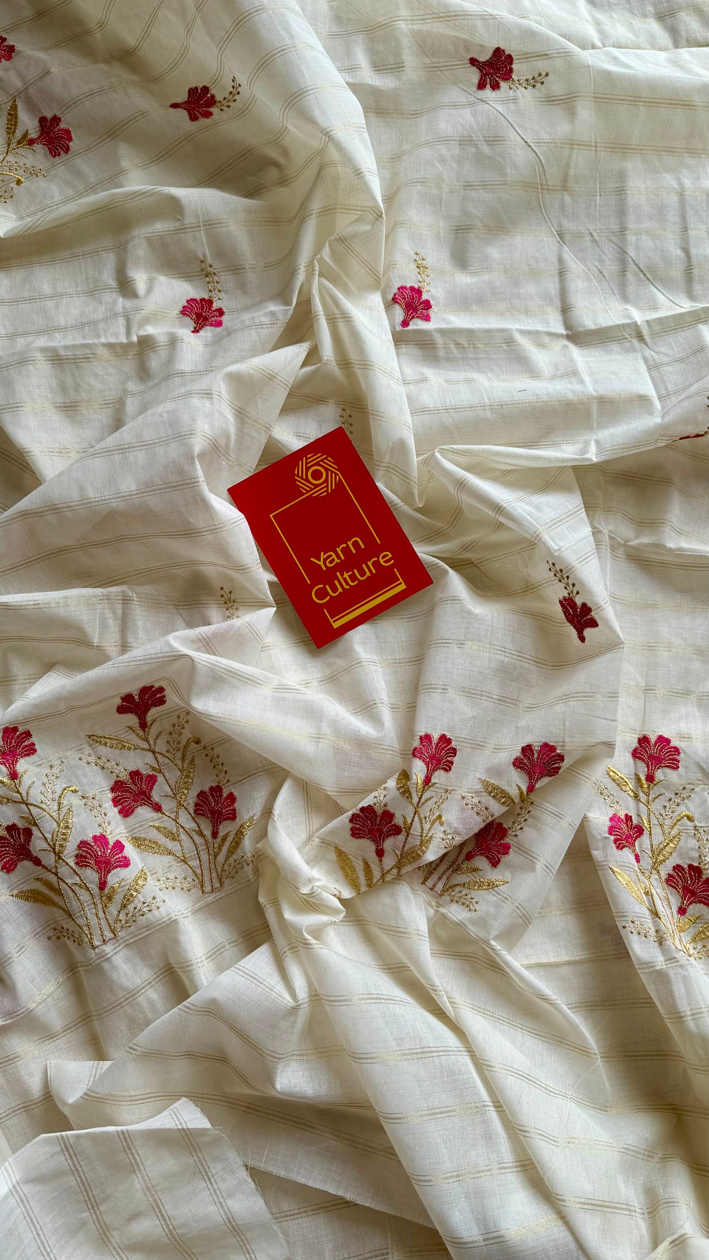 Ivory and gold soft cotton saree, hot pink floral embroidery  - YCIEON54