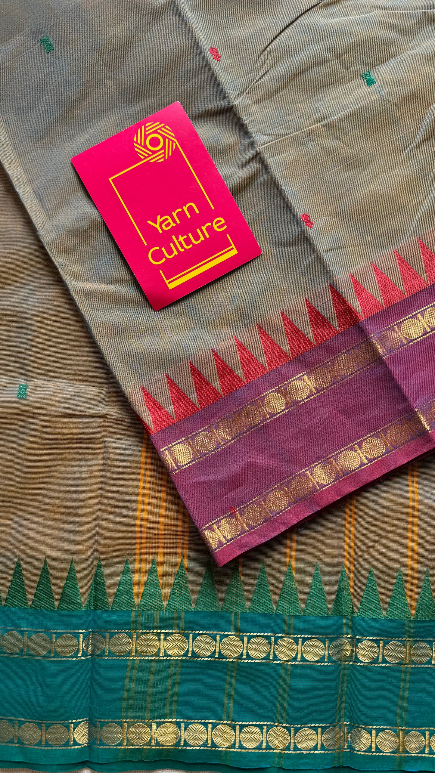 Kanchi cotton saree, warm grey with purple pink and green dual border - YCCOTNAP96