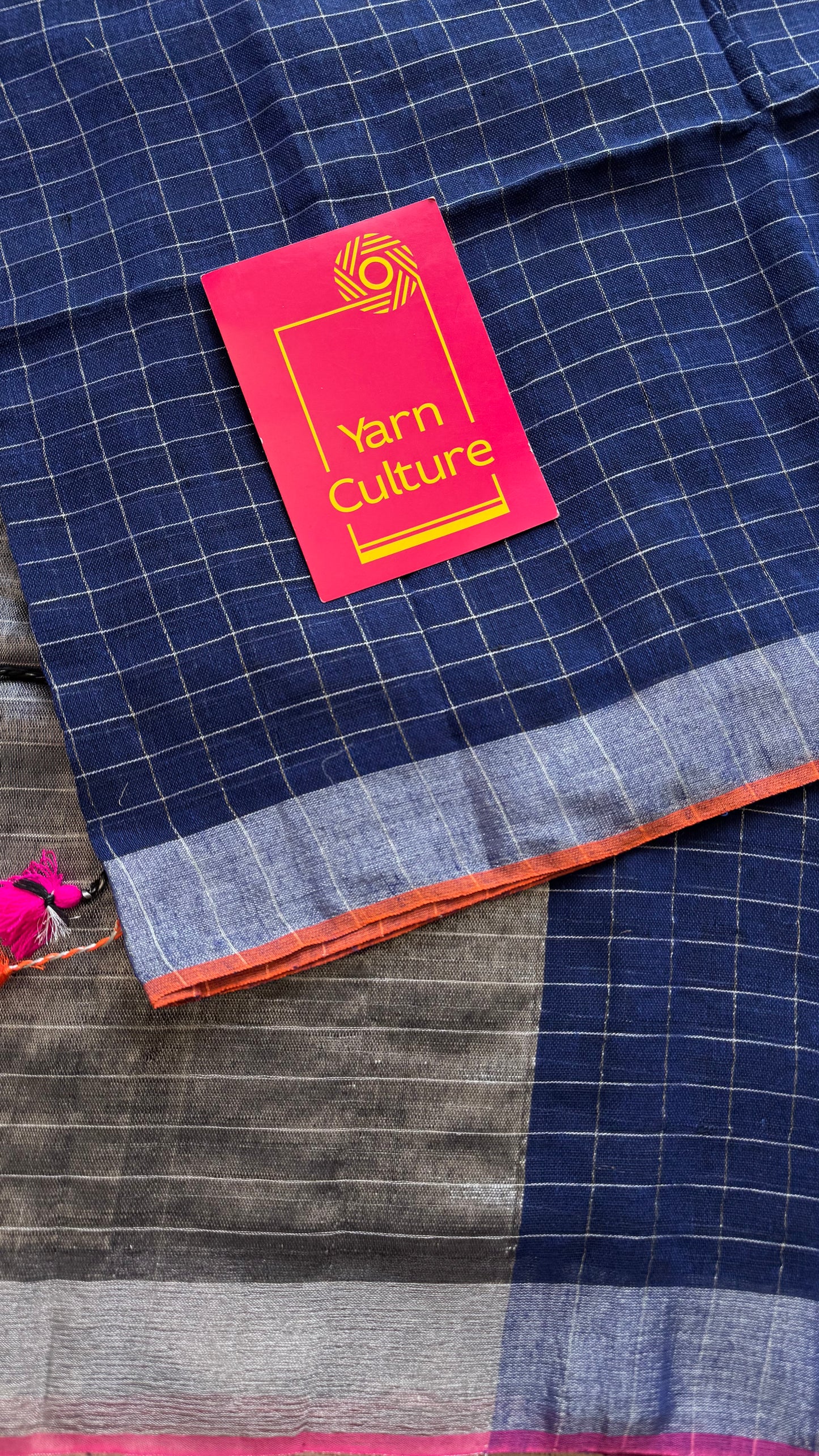 Navy blue linen by cotton saree, silver checks & zari pallu - YCBCLCFE392