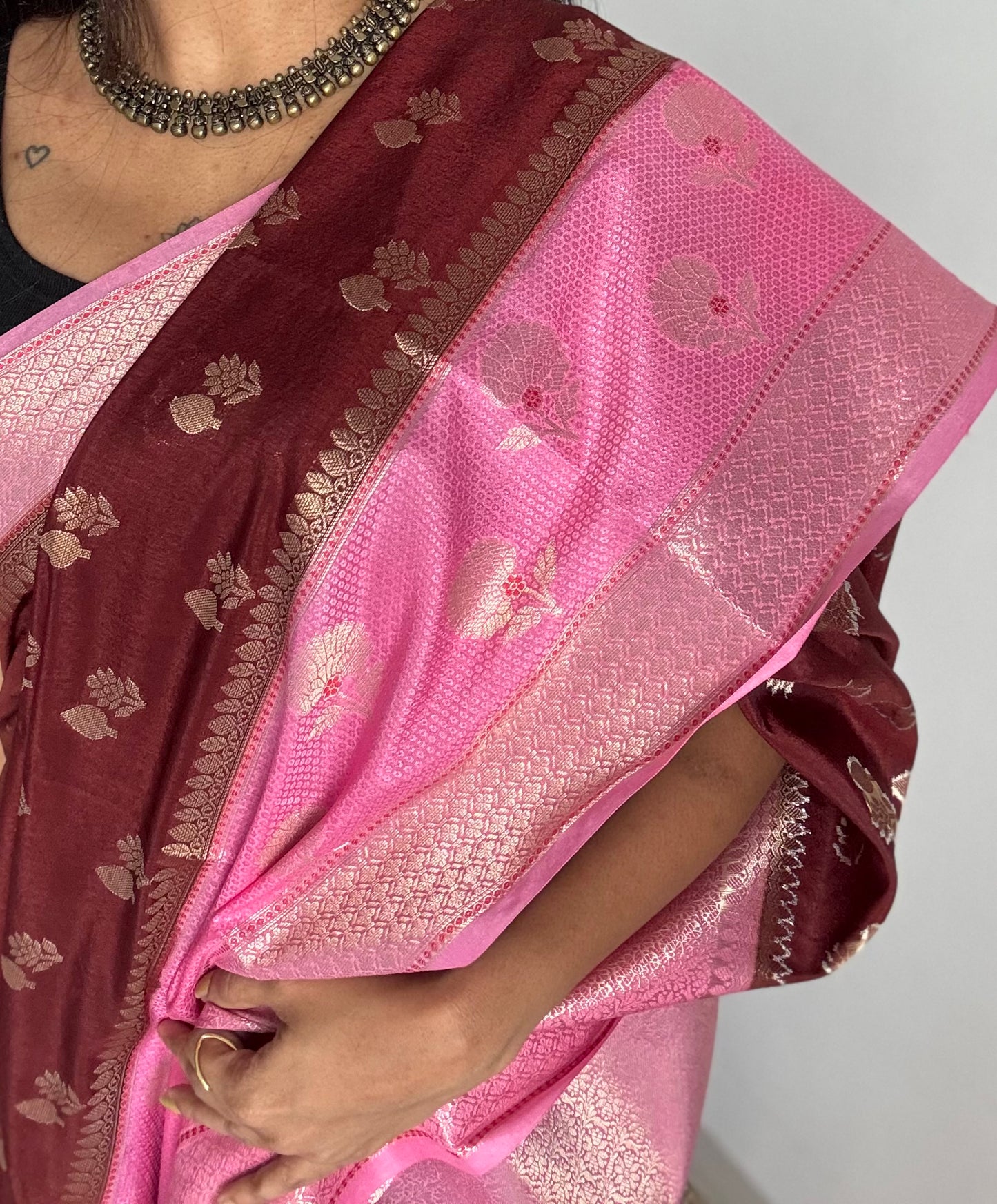 Coffee brown with pink border, semi dupion silk - YCBLSSJA23