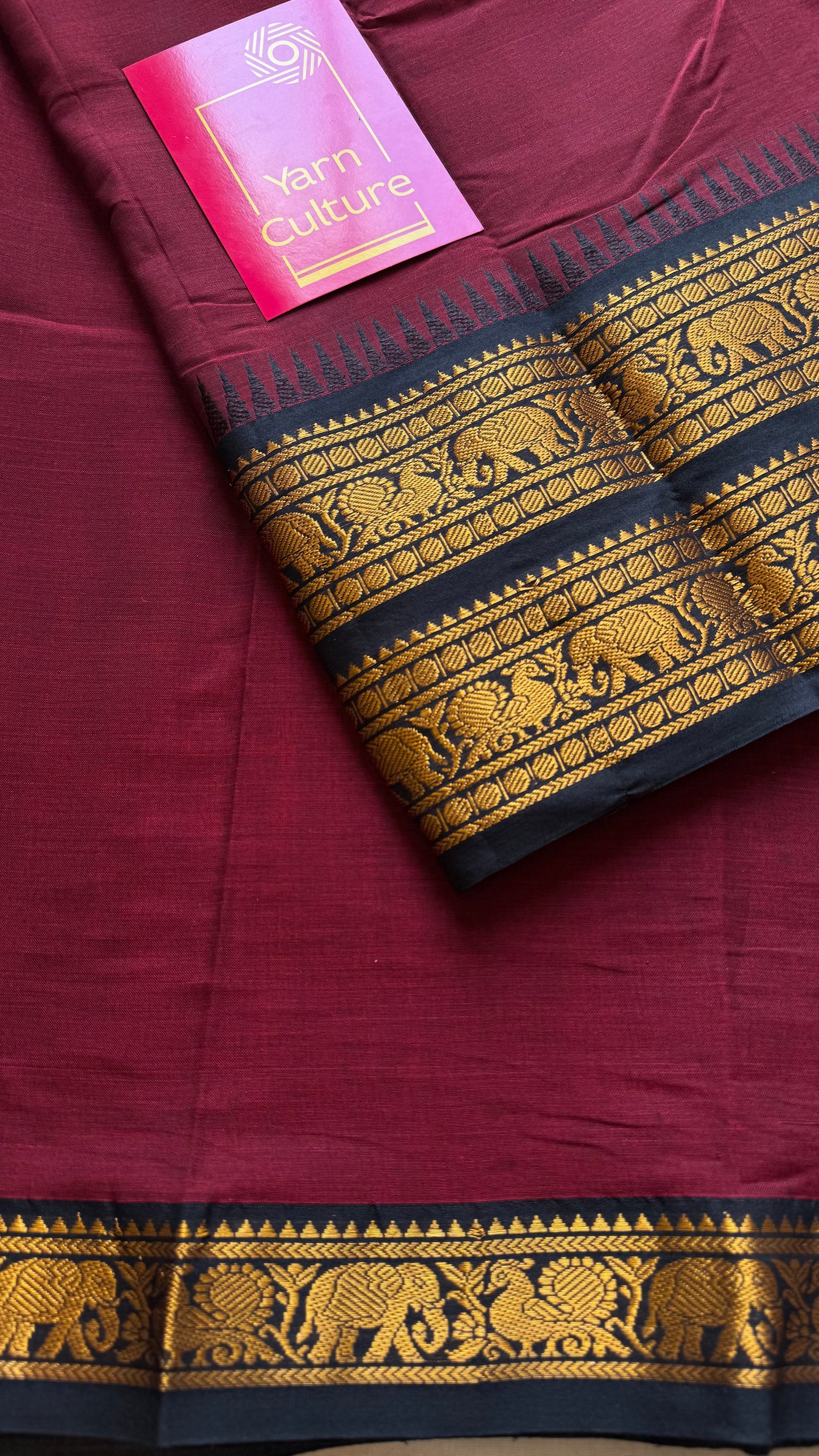 Kanchi cotton saree, dark red with black wide zari border - YCCOTNMA263