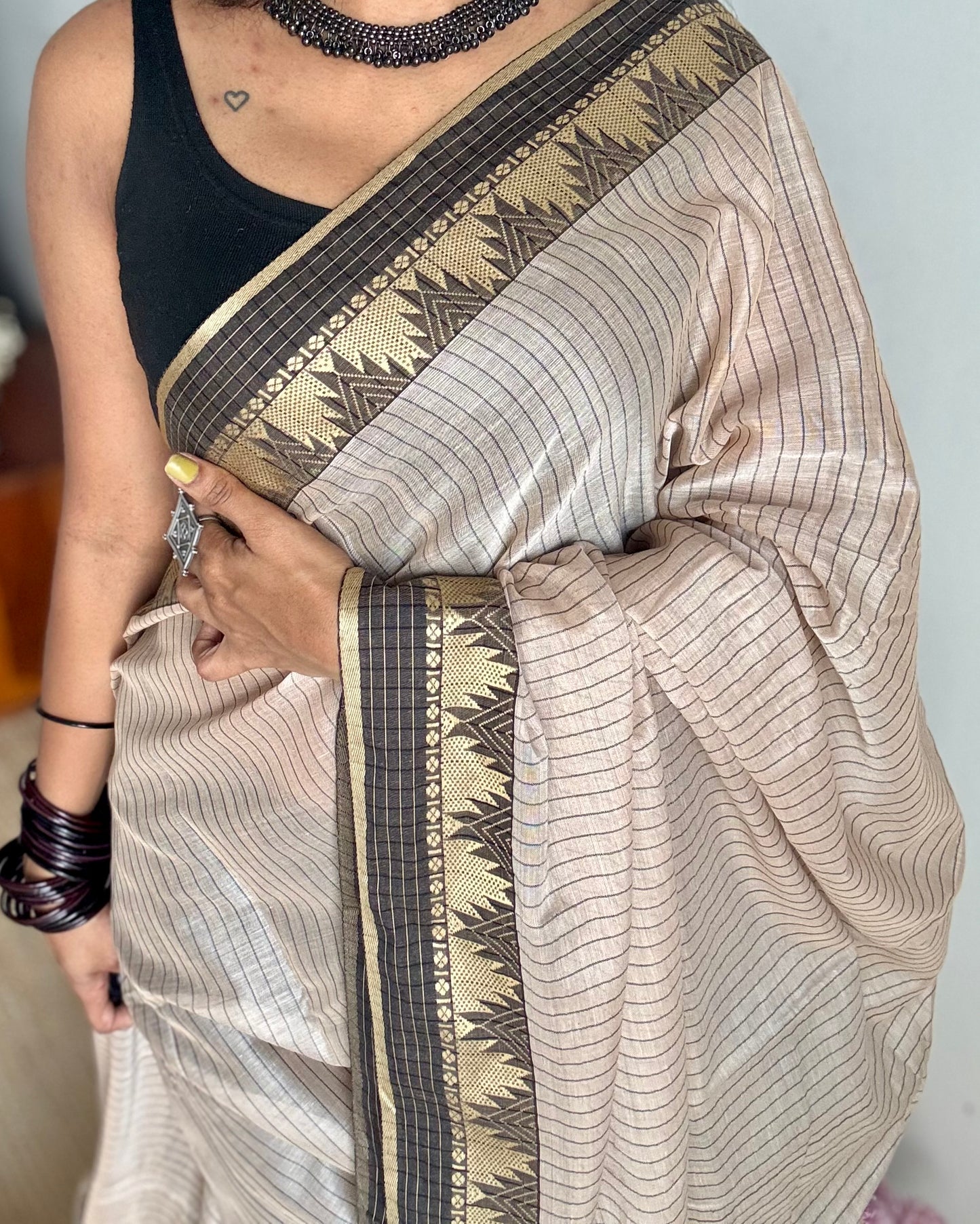 Cream striped premium narayanpet soft cotton, with temple motif and checkered border - YCWOTDNPNO83