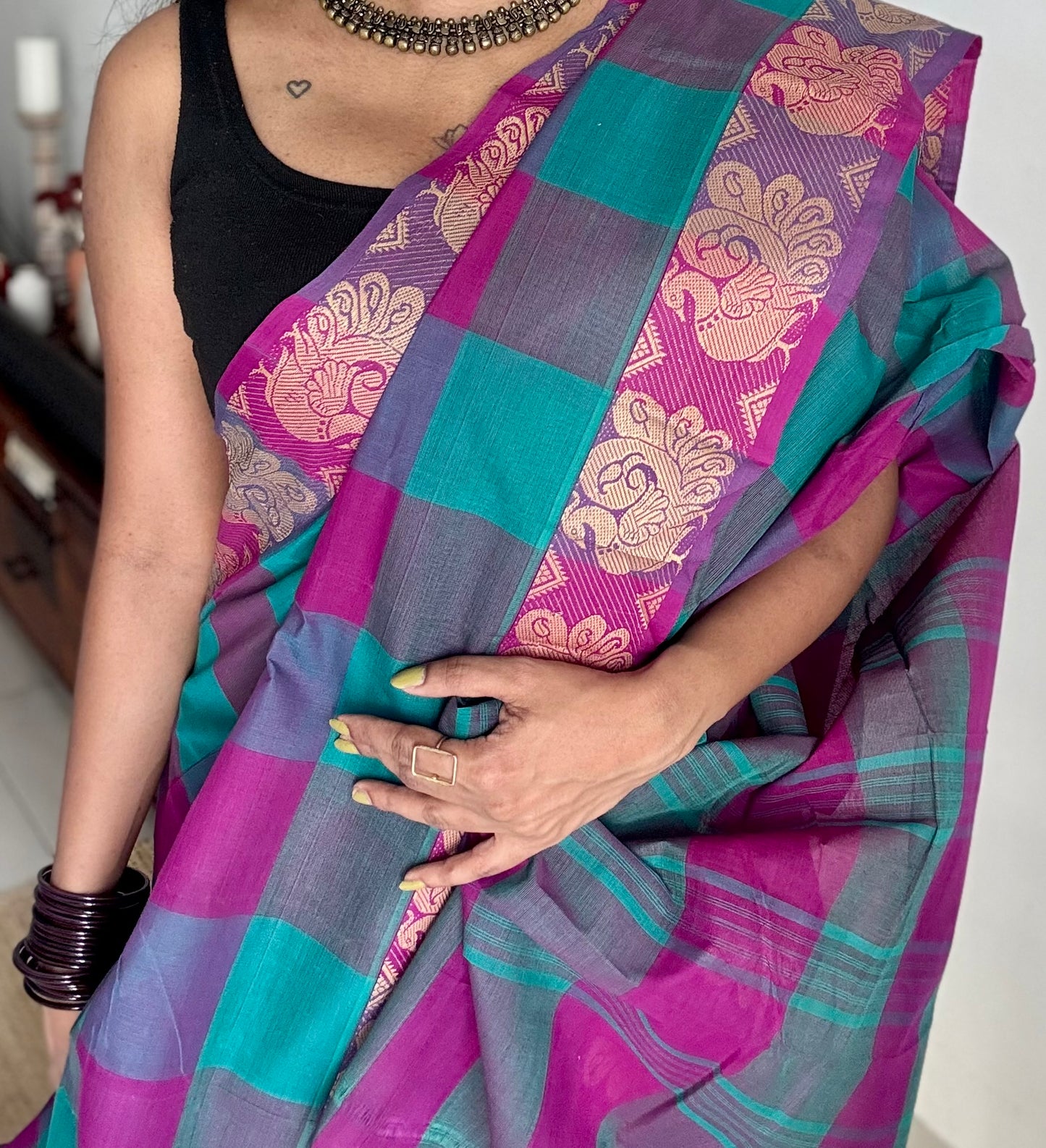 Chettinad cotton saree with magenta and cyan checks, peacock motif border - YCCOTNJUCC03