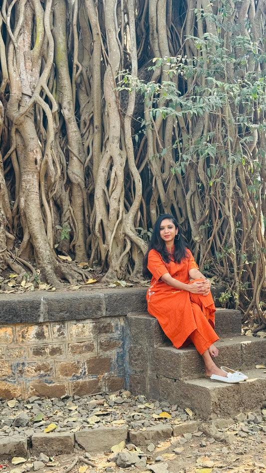 Orange cotton collared stitched kurta co-ord set, elbow sleeves - YCSEBPSFE242