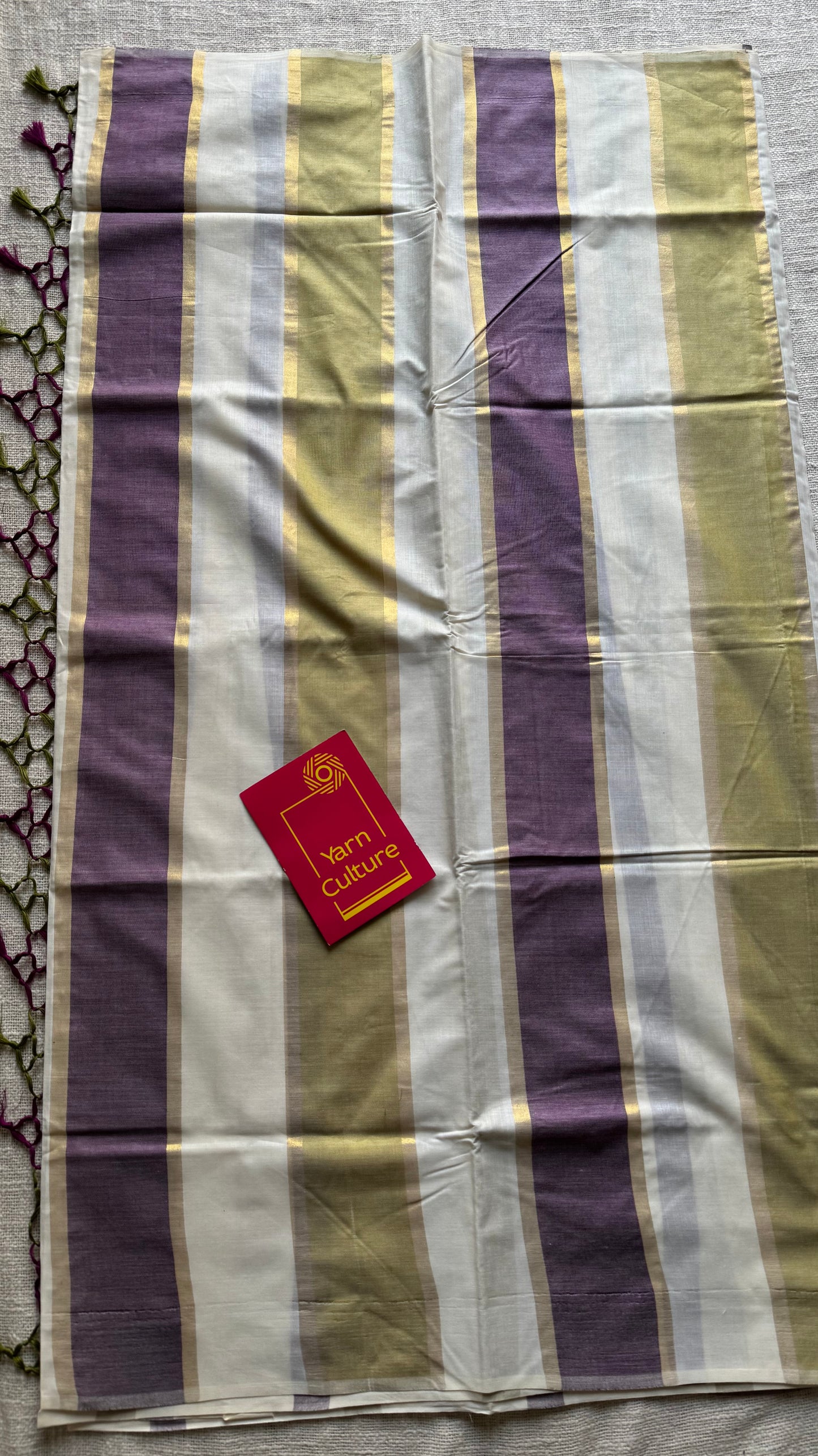 Ivory Kerala cotton saree with purple and green stripes - YCIEKCFE306