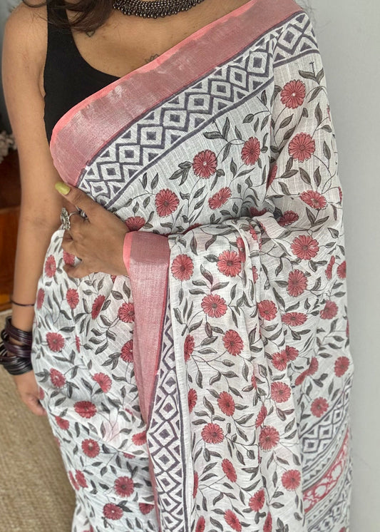 White linen, peach floral motif, silver zari border - YCTOROCBP59