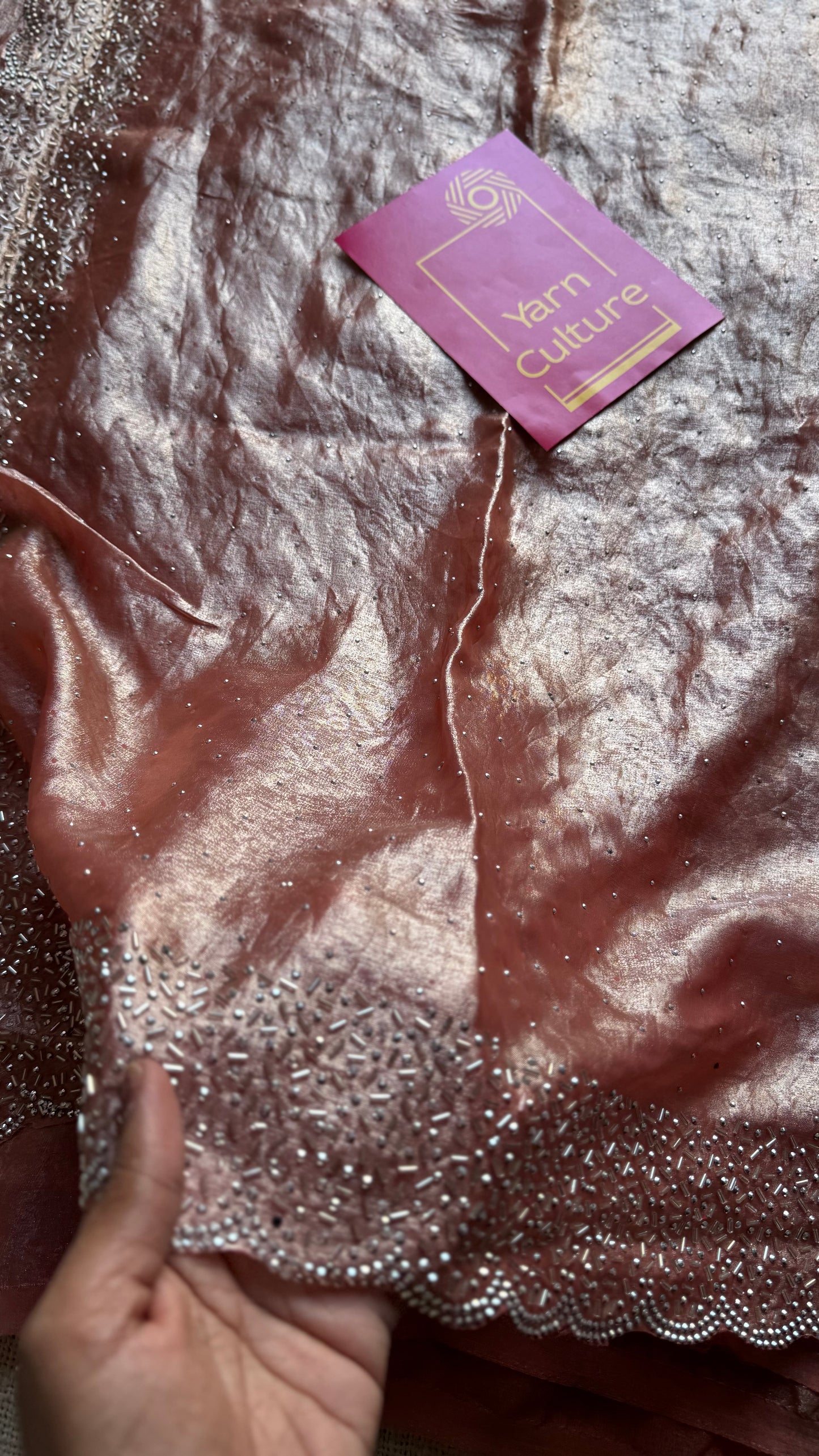 Blush Glow -  salmon pink metallic dual tone space silk, jarkhan stone work - YCDOSNO36