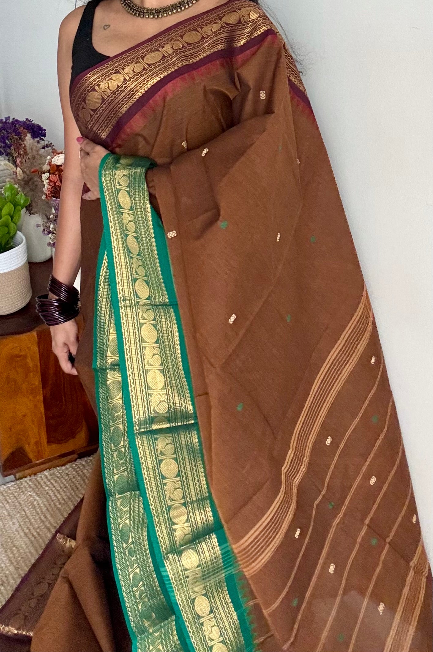 Kanchi cotton saree, brown with dark brown and green dual border - YCCOTNAP94