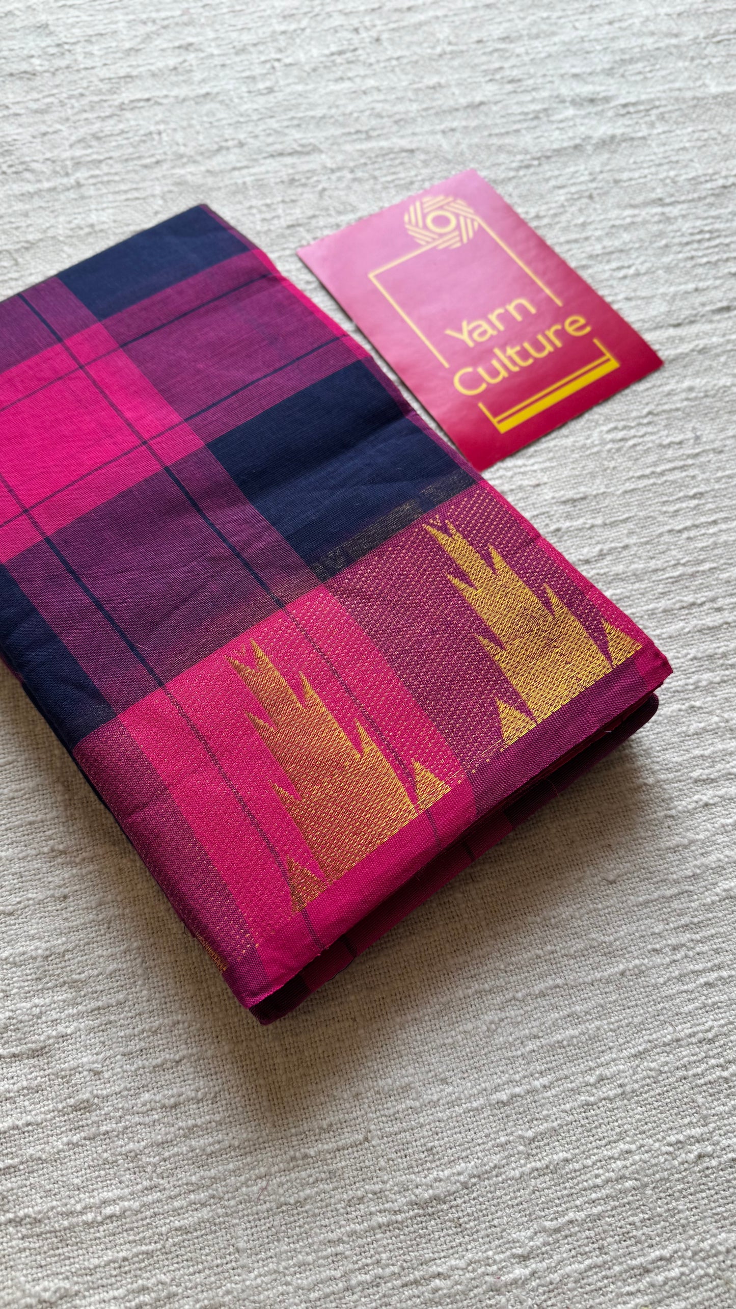 Chettinad cotton saree with pink and navy checks, temple motif border - YCCOTNAP58