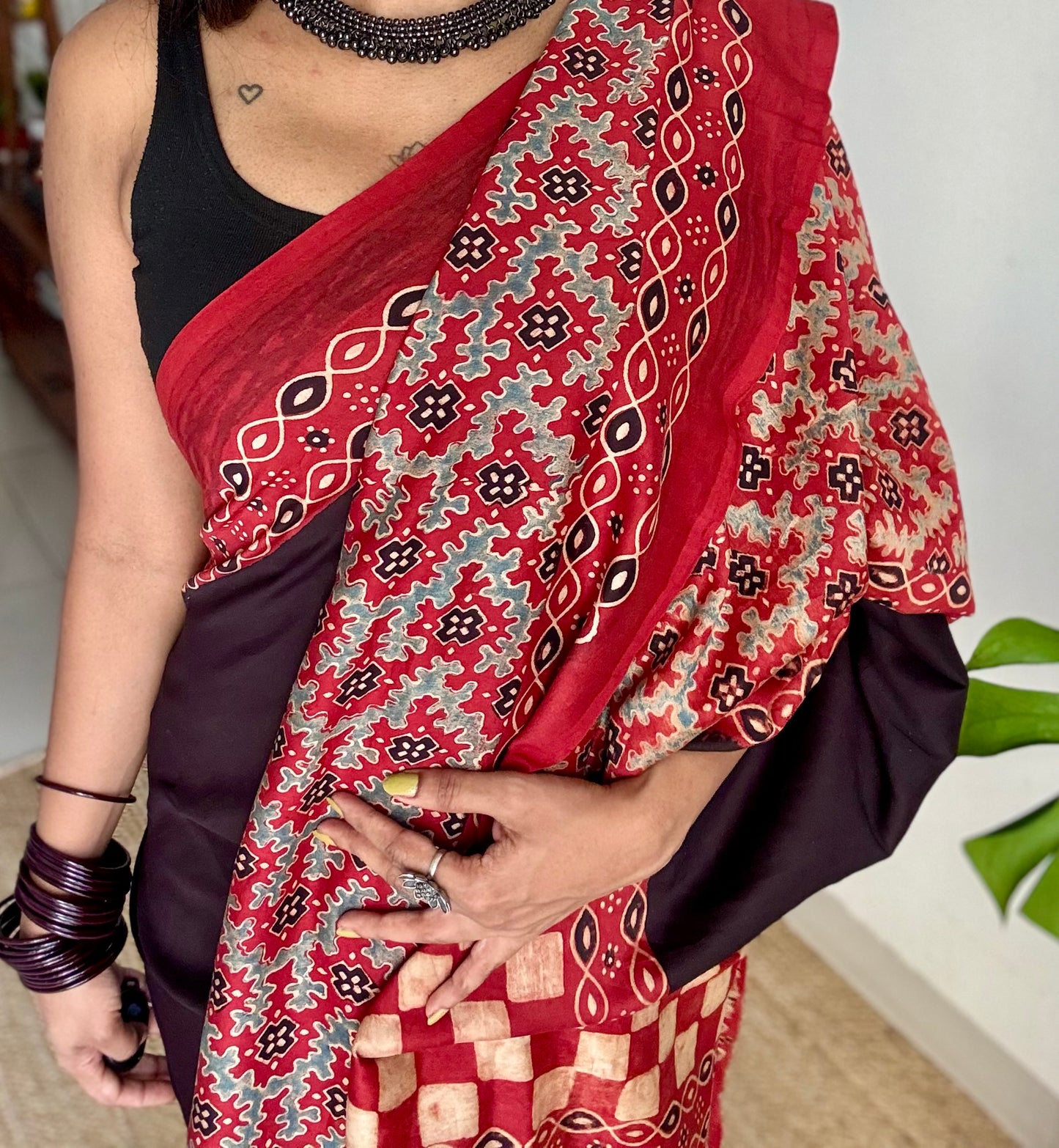 Black and red chanderi saree with ajrakh handblock print - YCTOKAJC343