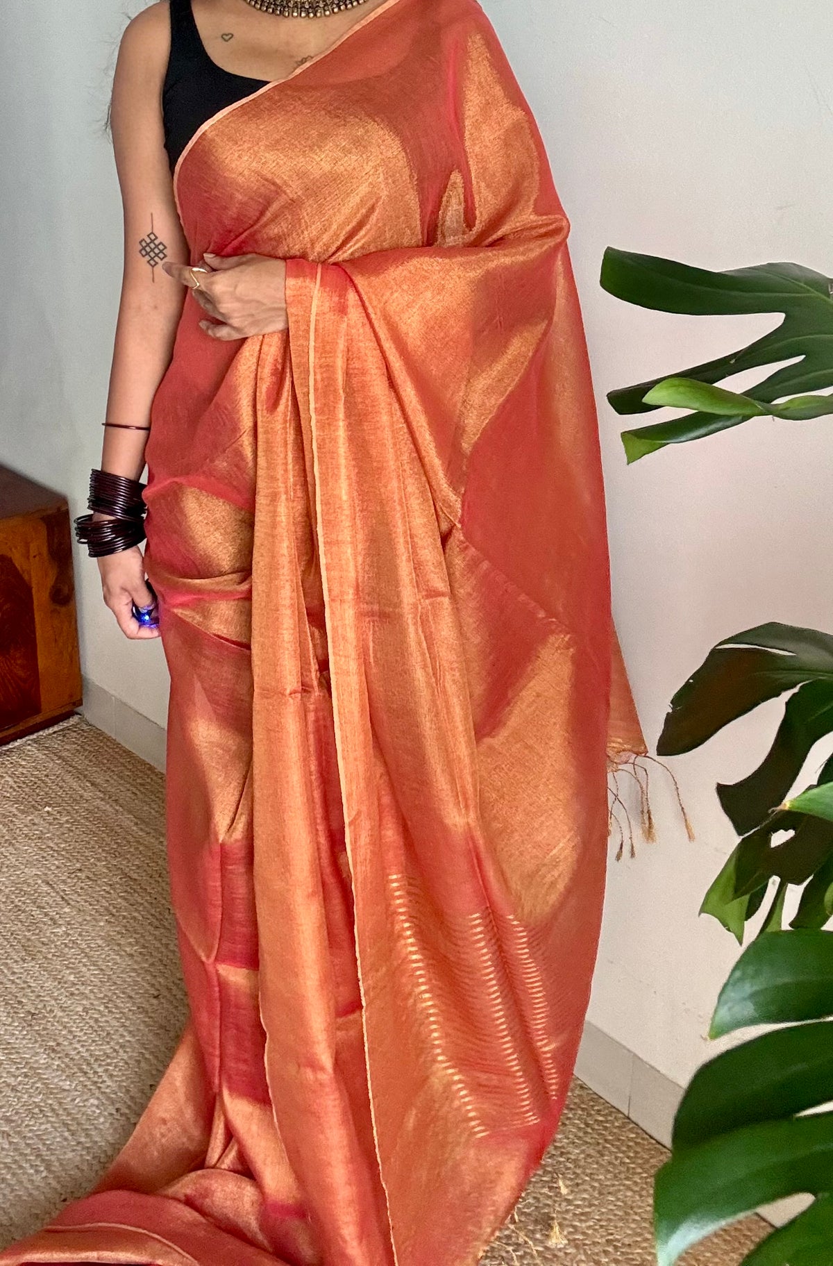 Orange with gold, dual tone metallic tissue linen saree - YCBCLTOC58