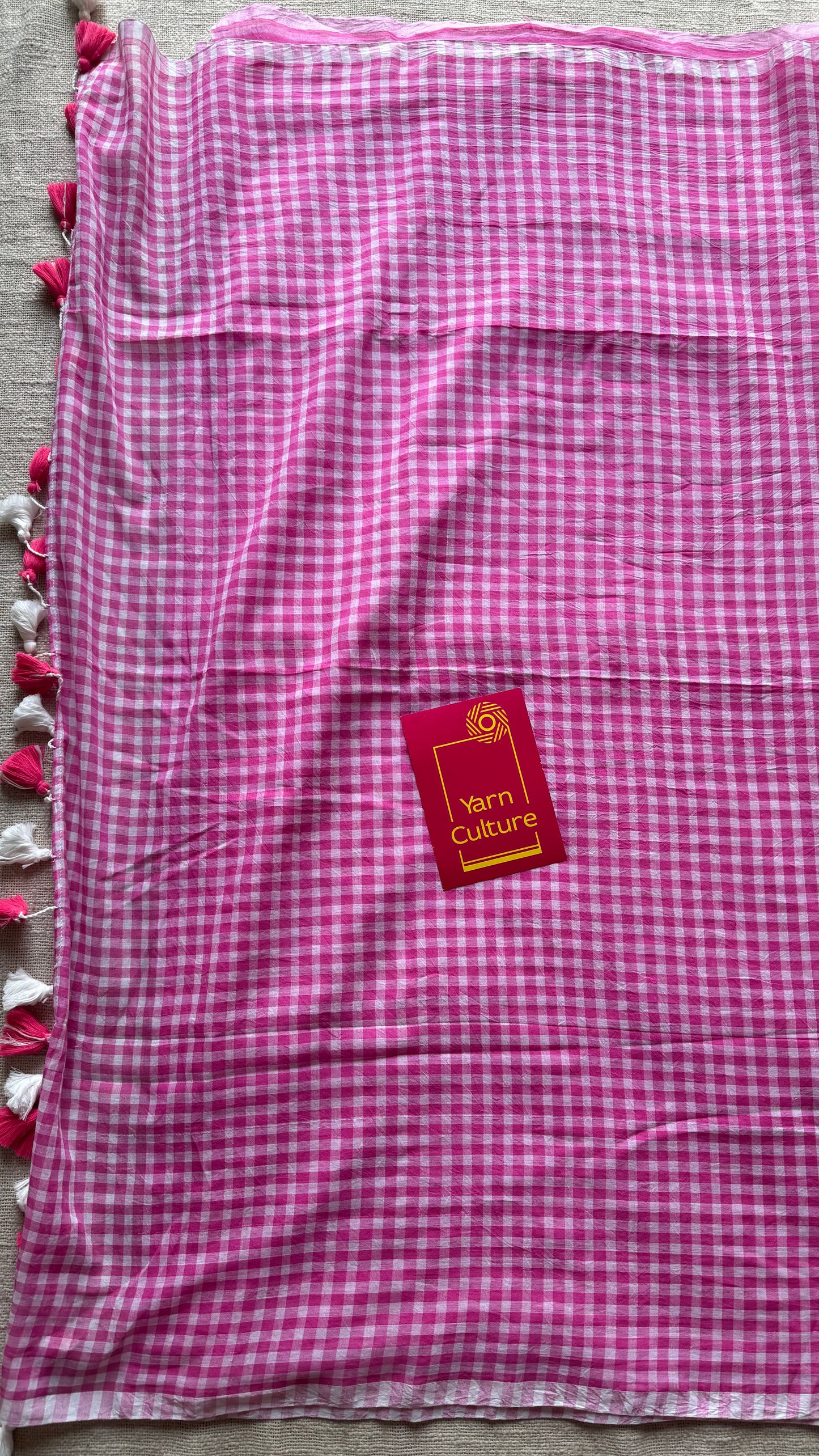 Hot pink and white checkered mul cotton saree  - YCBCMCCMA25
