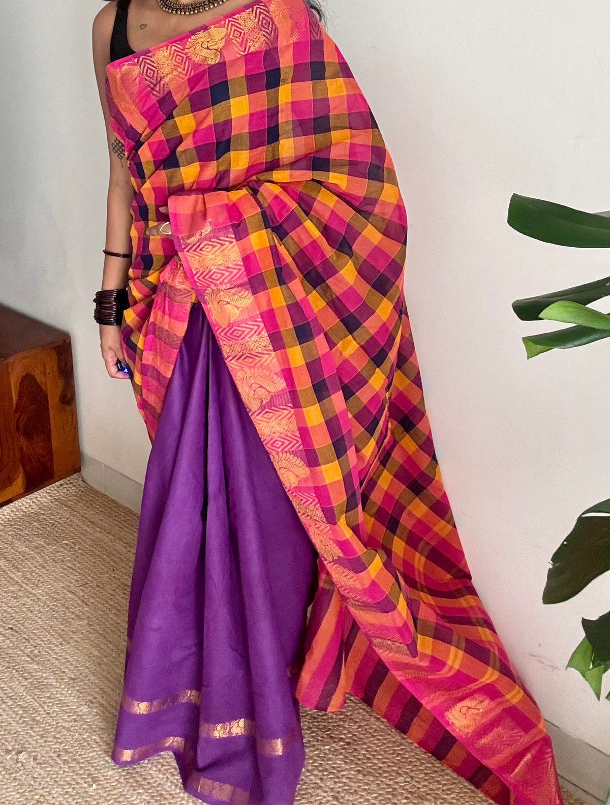Multicolour checks with purple, sungudi and chettinad cotton half-half saree -YCCOTNIDOC33