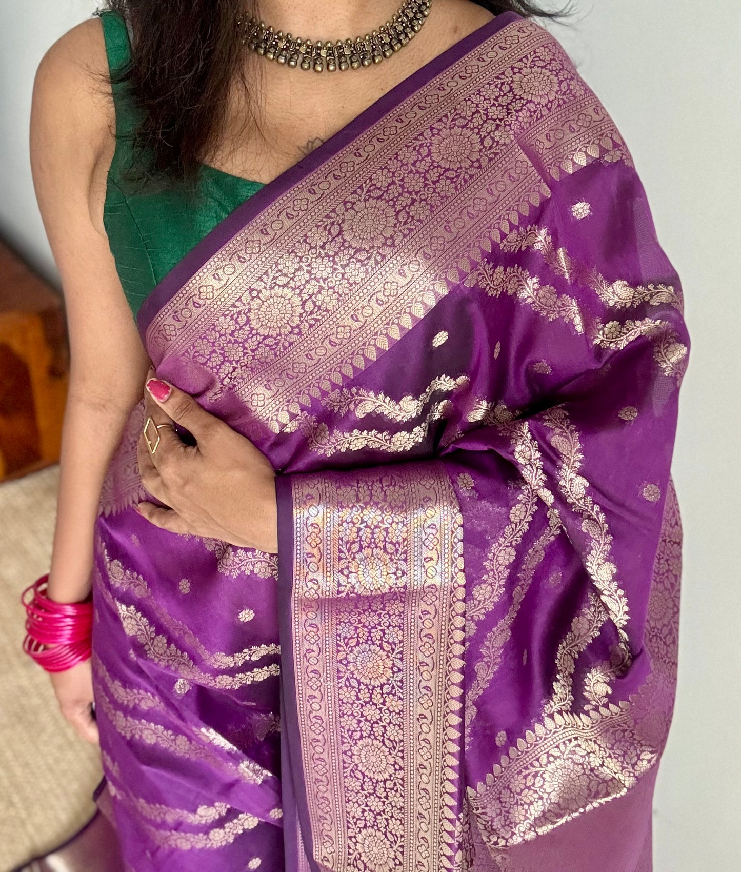 Purple floral zari, Banarasi semi-georgette - YCDESE15