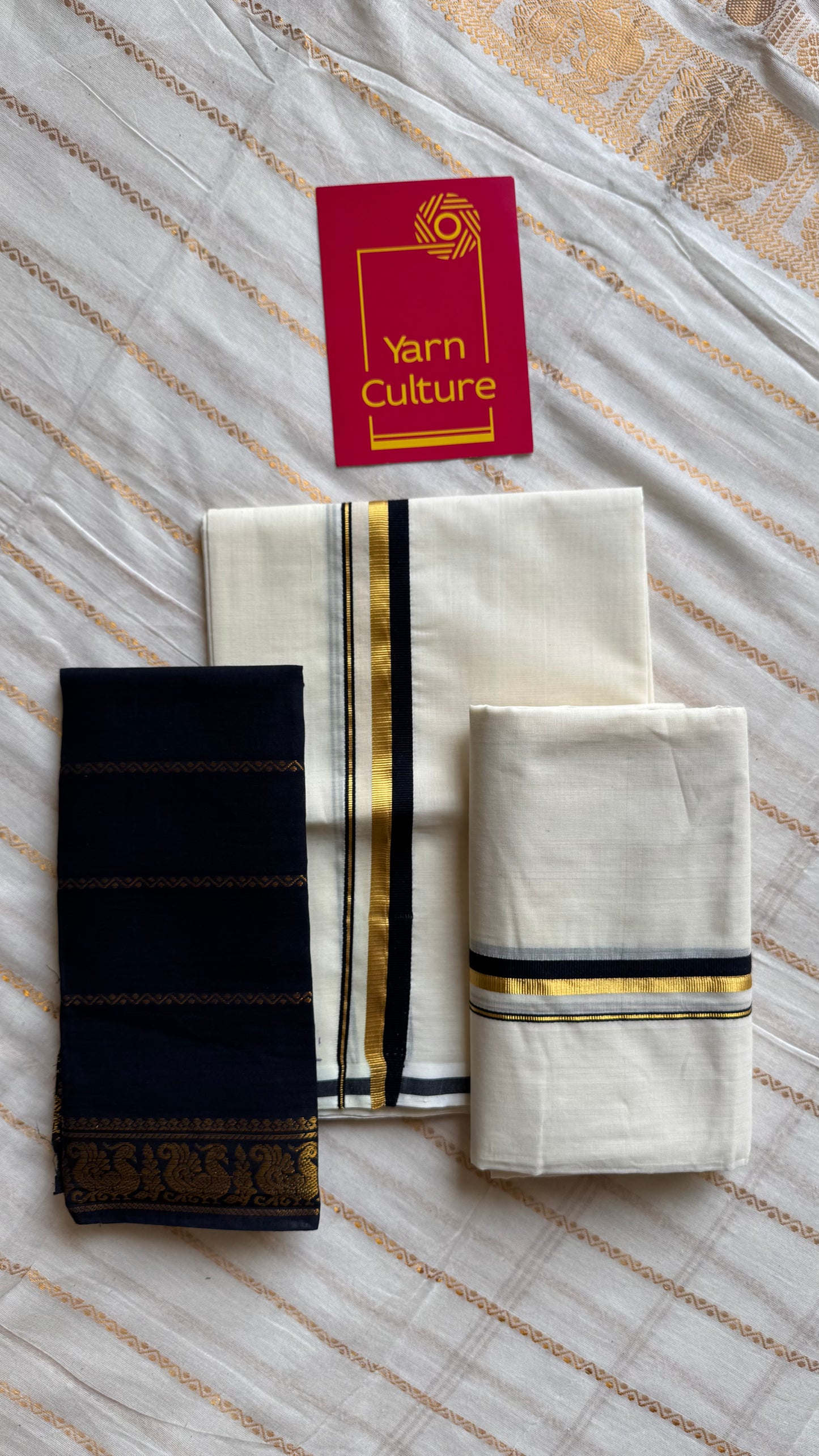 Set mund, handwoven from Chendamangalam looms, black and gold - YCIEON145