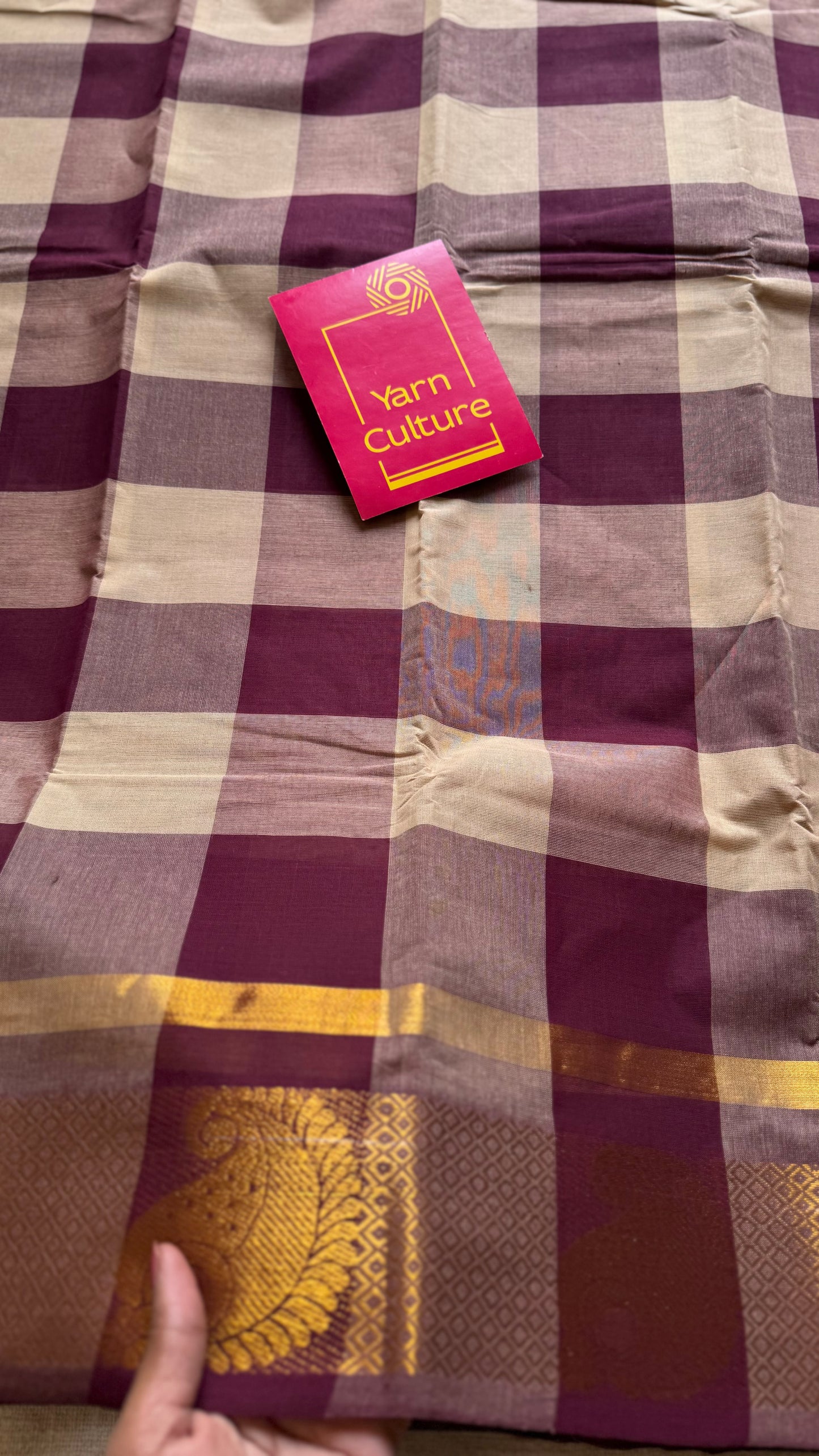 Chettinad cotton saree with cream and maroon checks, paisley motif border - YCCOTNAP63