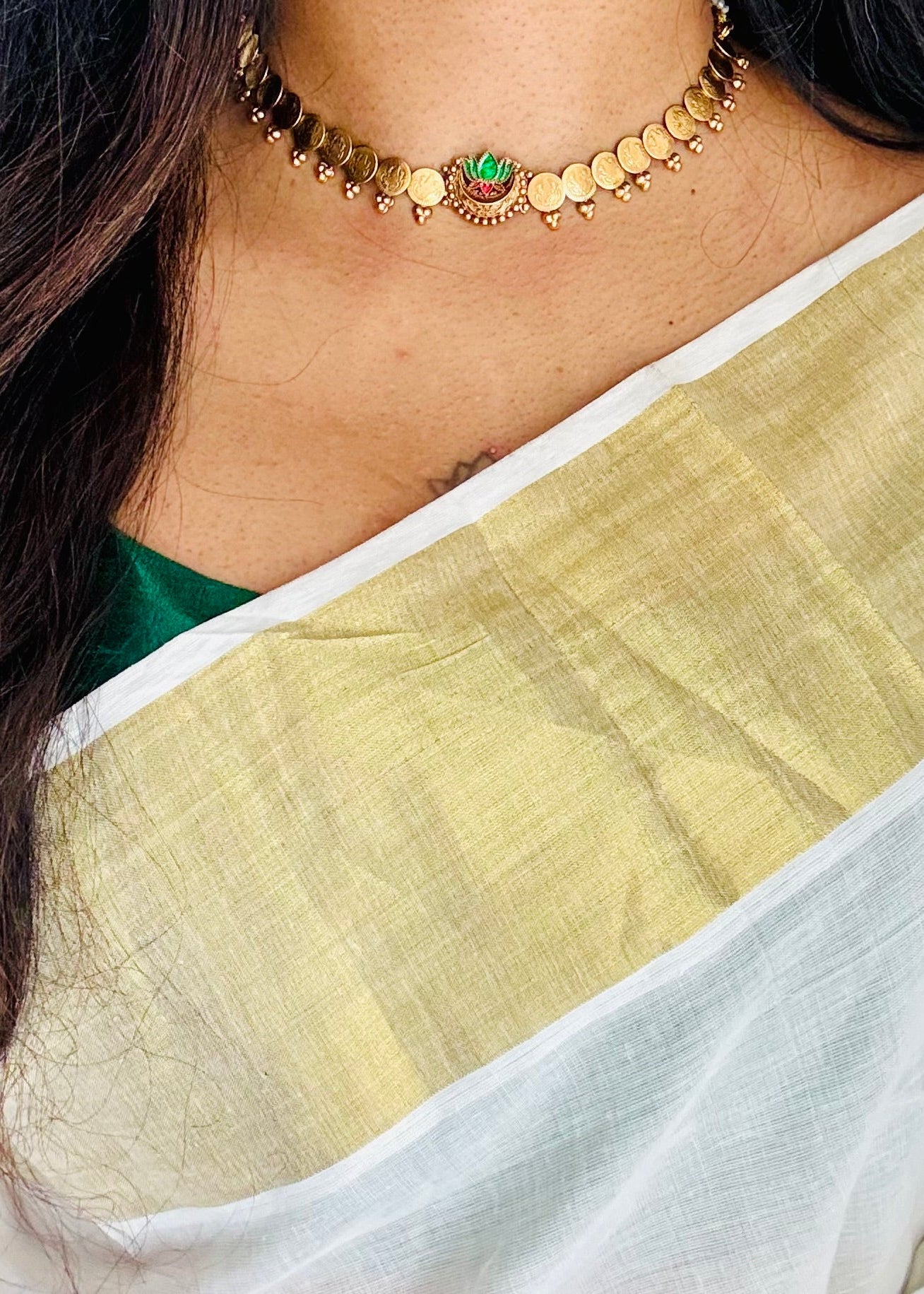 Coin necklace with green lotus pendant, with earrings - YCGPNP778