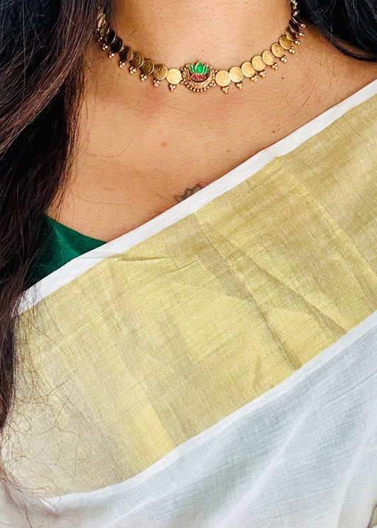 Coin necklace with green lotus pendant, with earrings - YCGPNP778