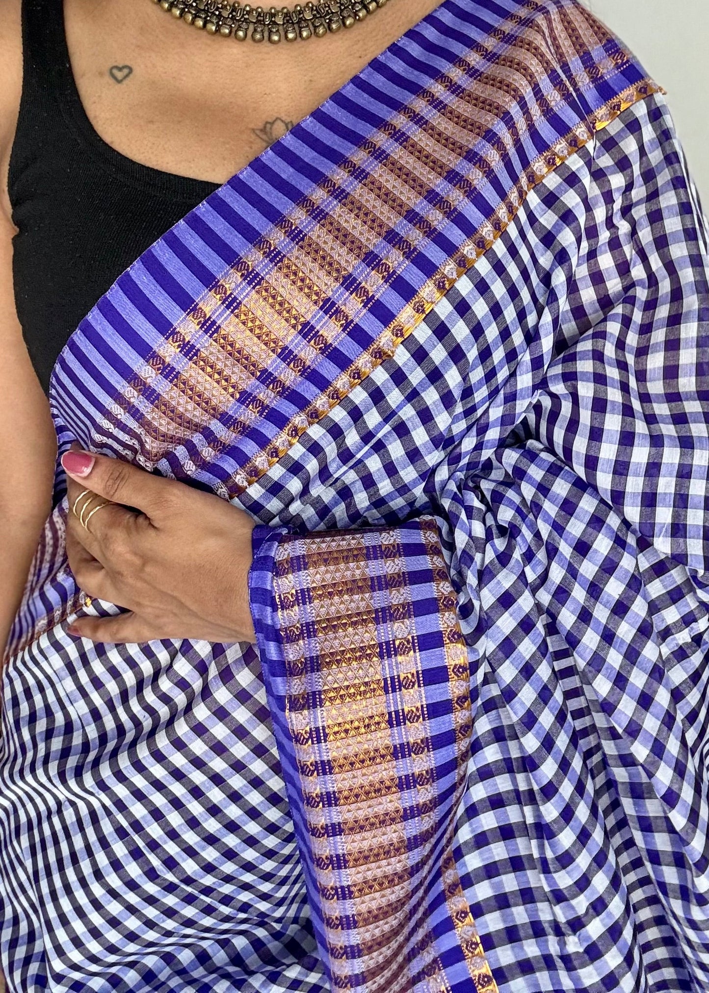 llkal blue and white checks with chikki paras border, soft cotton - YCLOKICAP228