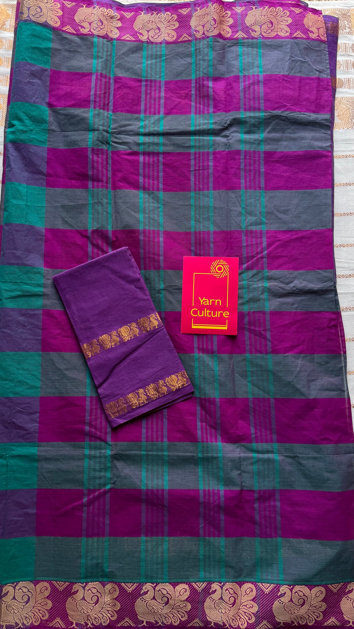 Multicoloured checks with purple, sungudi and chettinad cotton half and half saree - YCCOTNIDOC132