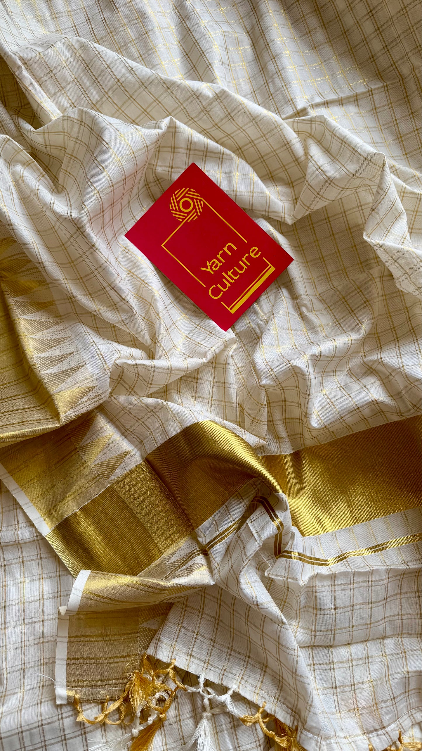 Ivory and gold kerala kasavu saree, checkered, temple border - YCIEON46