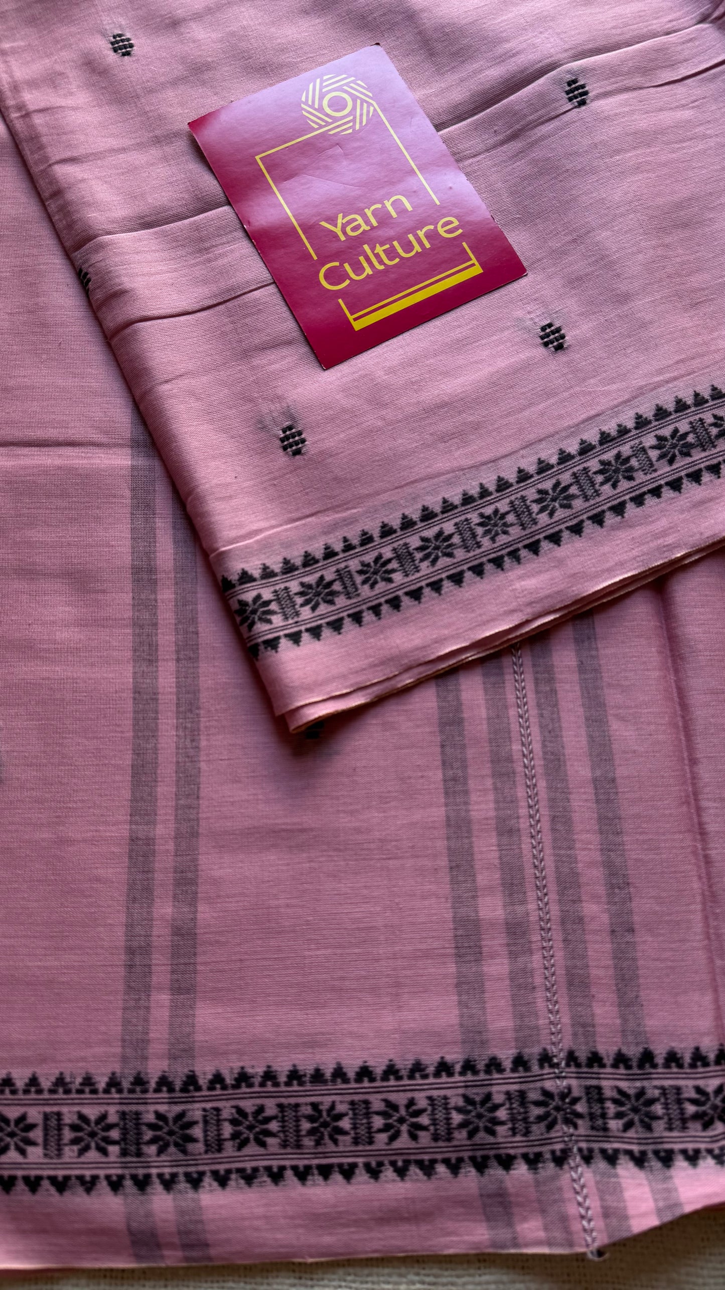 Dhonekhali handloom soft cotton saree, powder pink with black woven buttas and border - YCBCDFE249