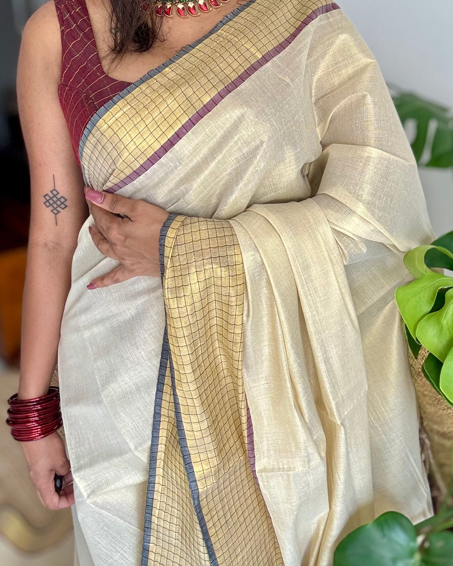 Ivory and gold soft tissue cotton saree, black and red, checkered border - YCIEON78
