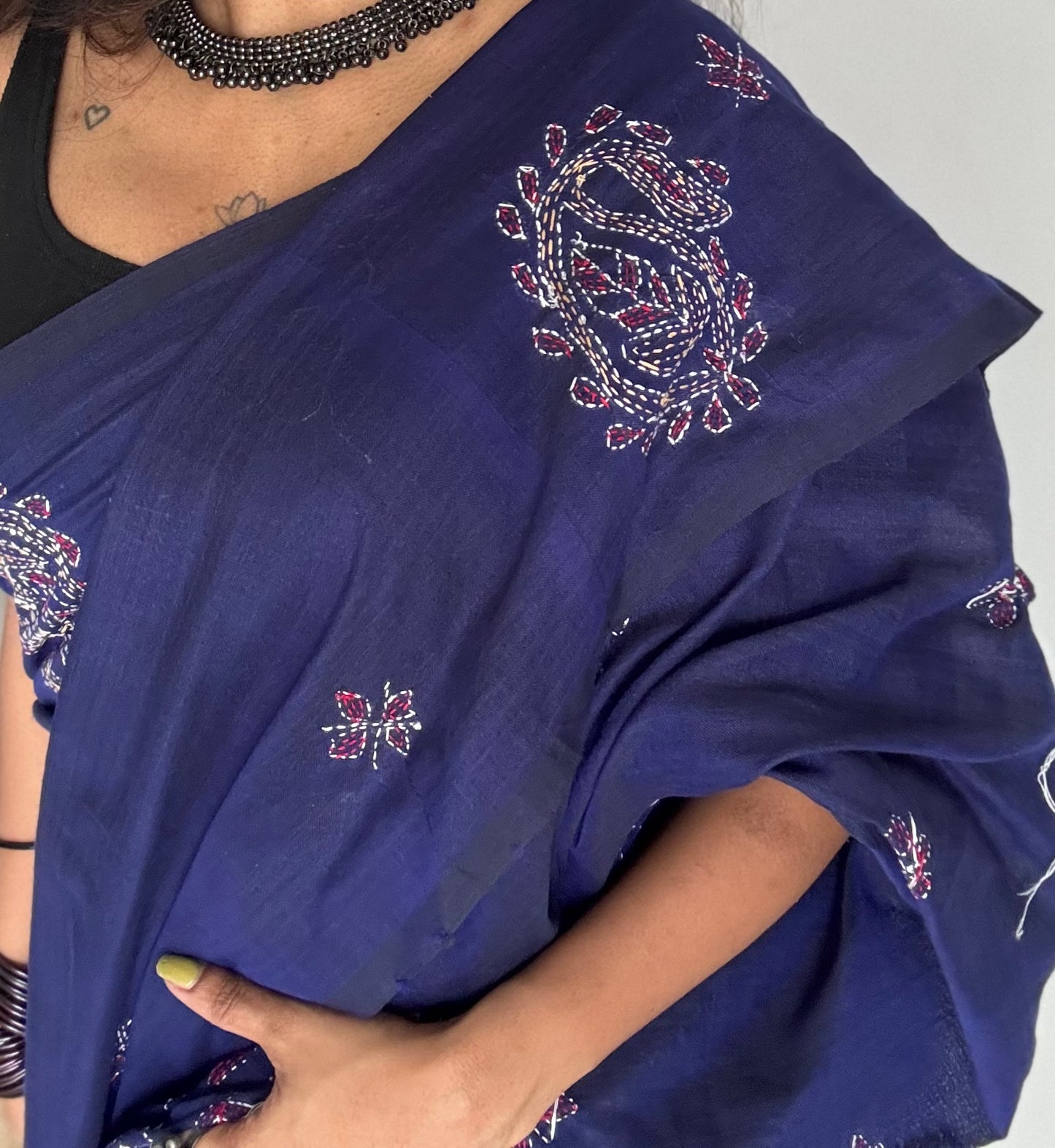 Embroidered blue kantha weave in soft cotton - YCBCKKJA143