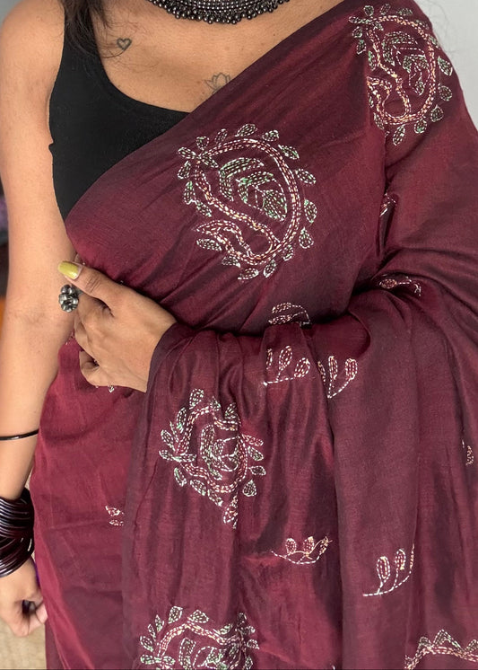 Embroidered maroon kantha weave in soft cotton - YCBCKKJA147