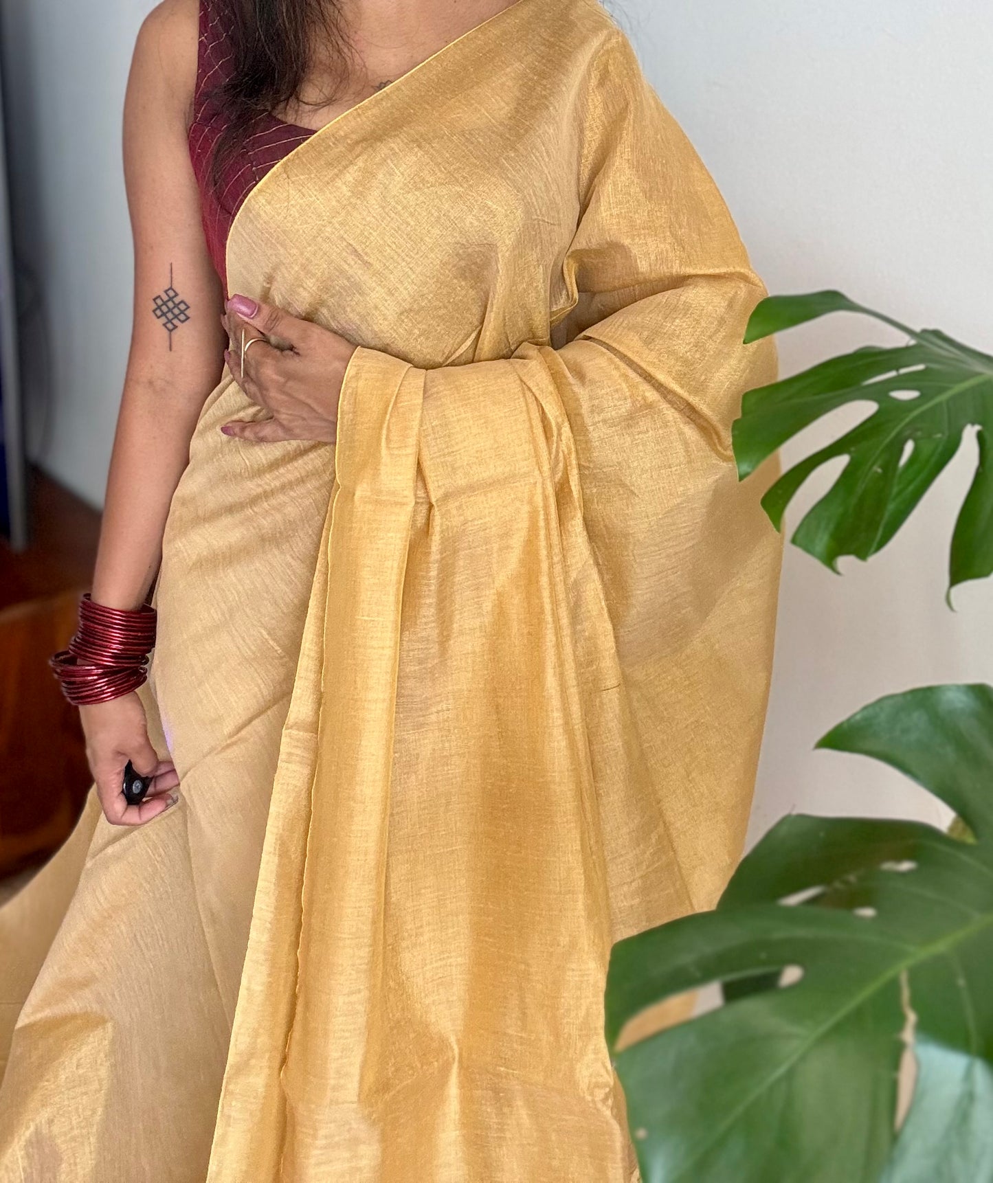 Plain gold mul tissue saree, striped pallu - YCIEON07