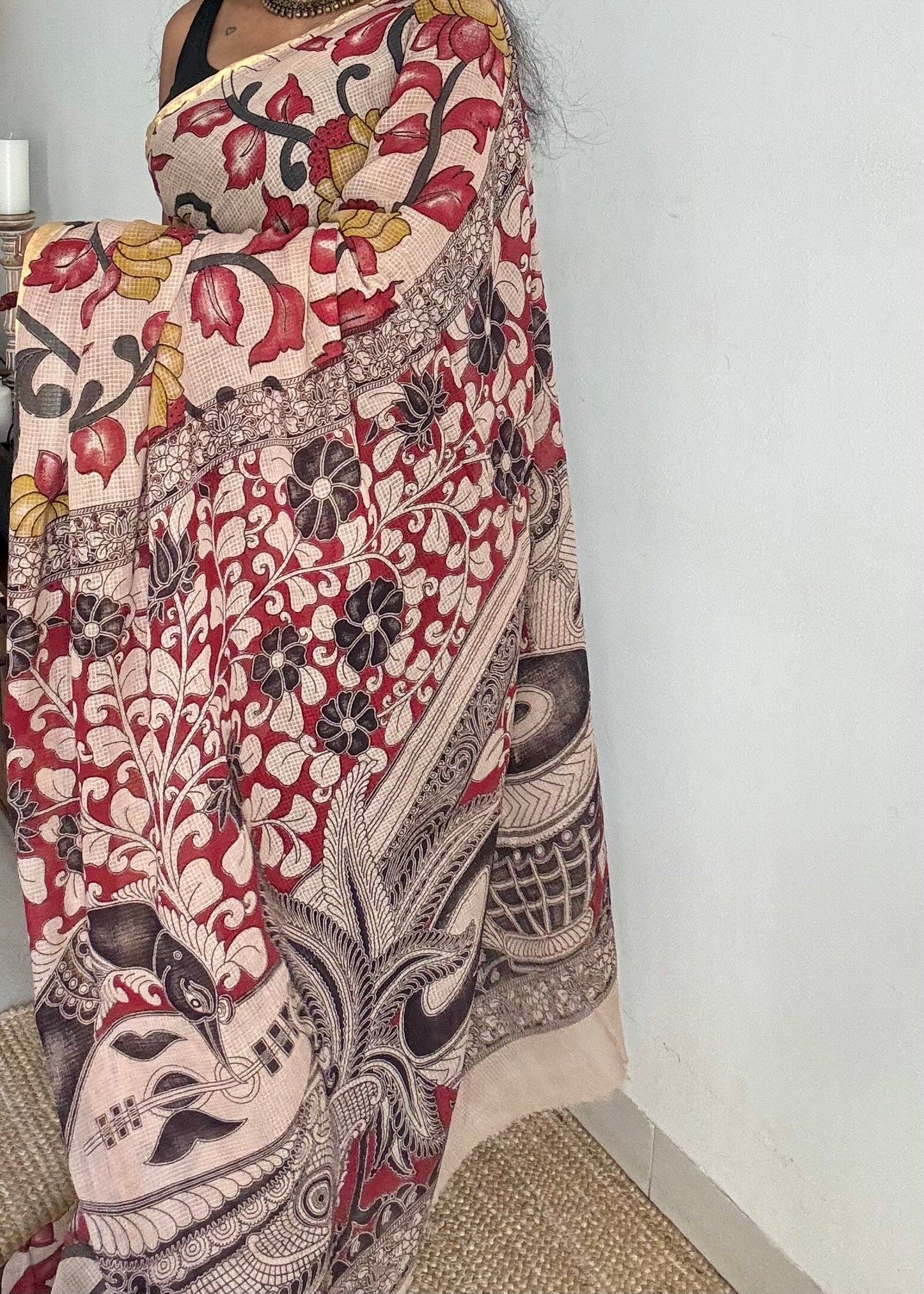 Cream multicoloured floral kalamkari saree in kota - YCWOTDMA357