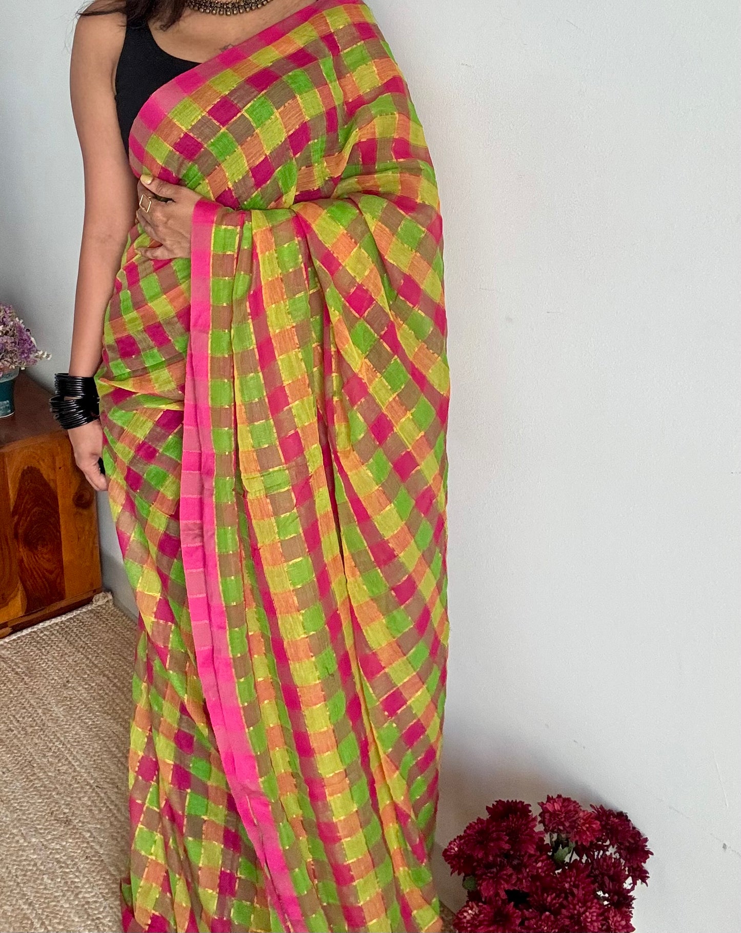 Multicoloured madras checks inspired mul cotton saree - YCBCMCFE233