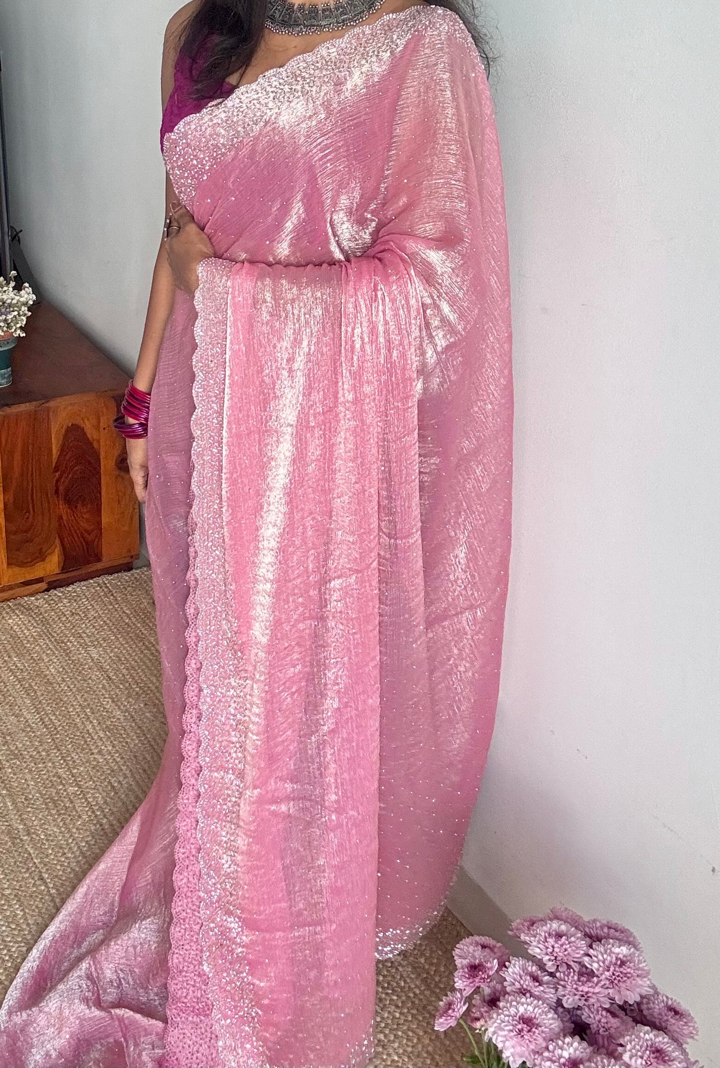 Candy Pop - pink dual tone space silk, jarkhan stone work - YCDOSNO37