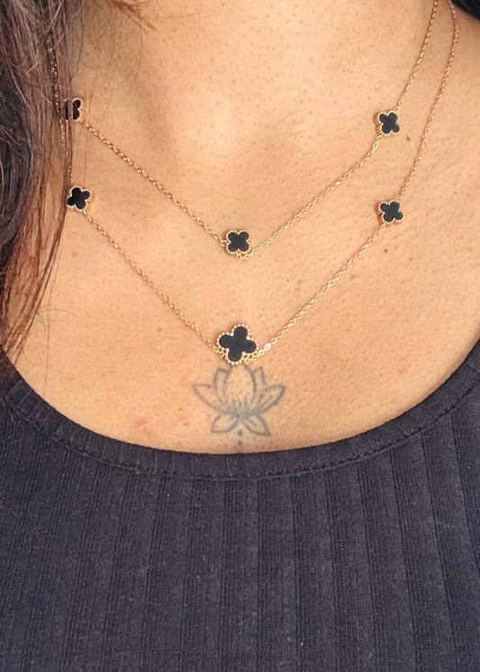 Gold plated chain, black multifloral pendants - YCGPC439