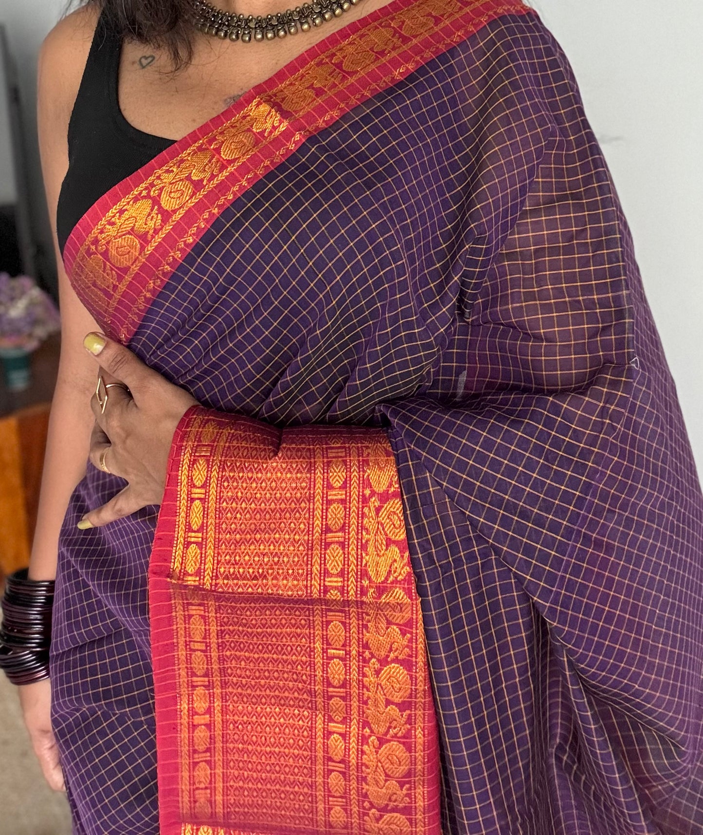 Purple checks with pink zari border, premium narayanpet, soft cotton - YCWOTDNPCFE21
