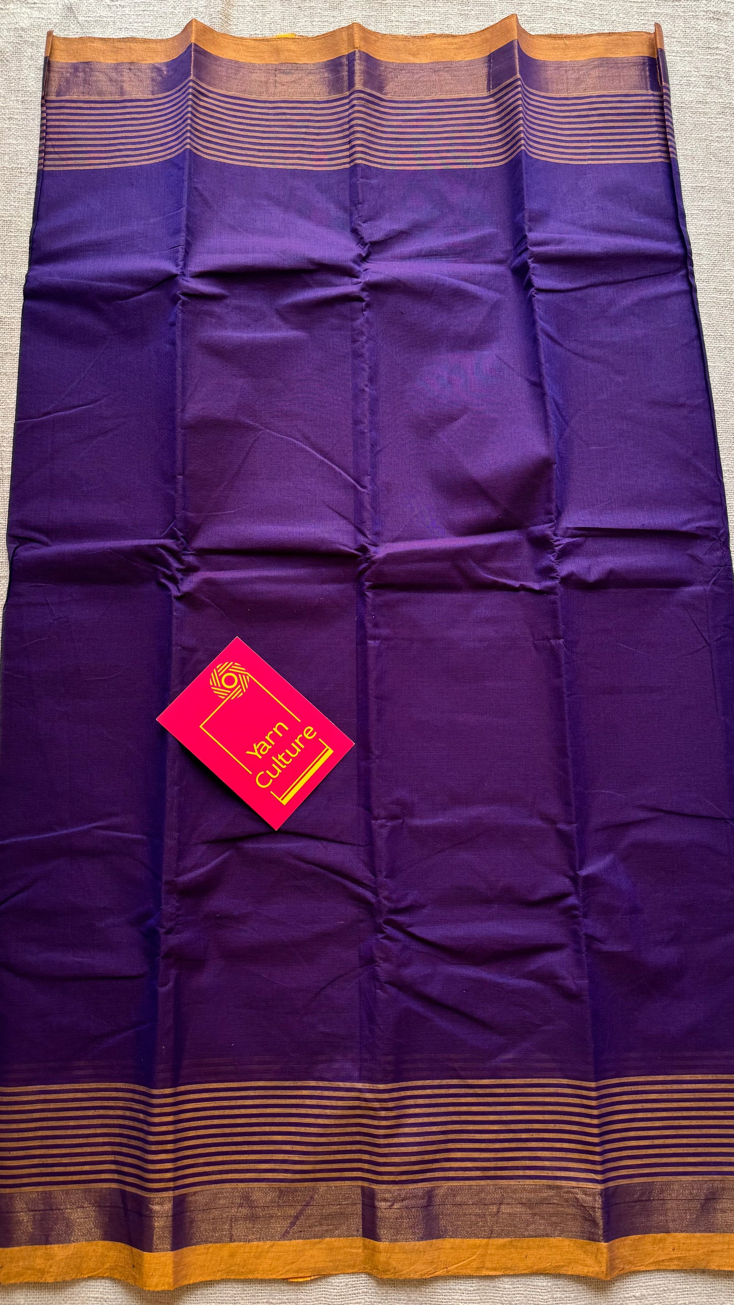 Violet and yellow Chettinad cotton saree with gold striped zari border - YCCOTNCCFE154