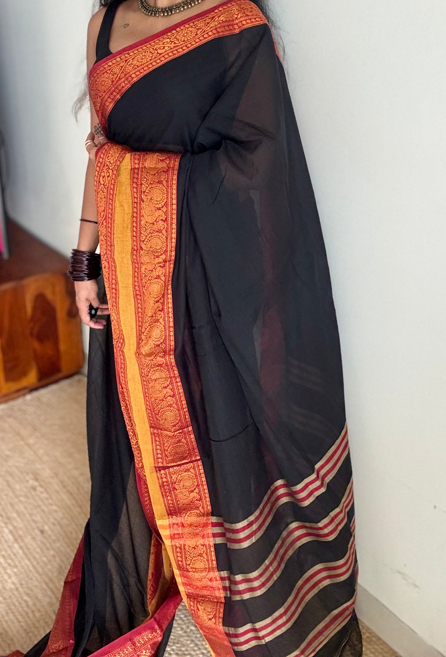 Black with red wide border, narayanpet soft cotton saree - YCWOTDAUG06
