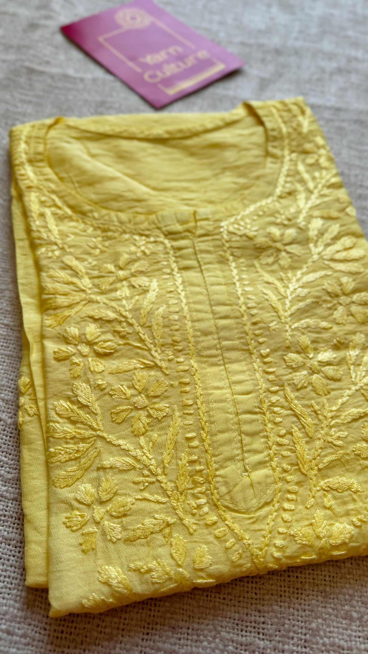 Light yellow chanderi chikankari with ghas patti work, stitched kurta, round neck, three fourth sleeves - YCSECK05