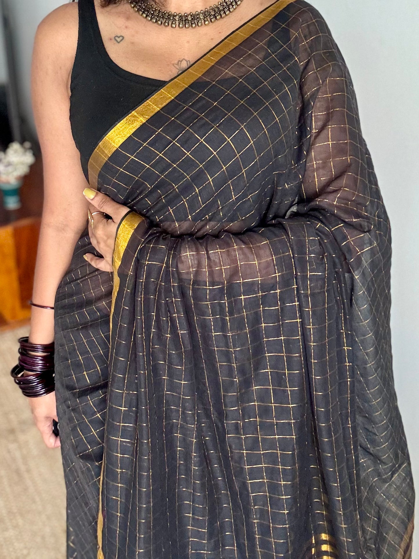 Black mul with gold checks and zari border - YCBCMCDE20