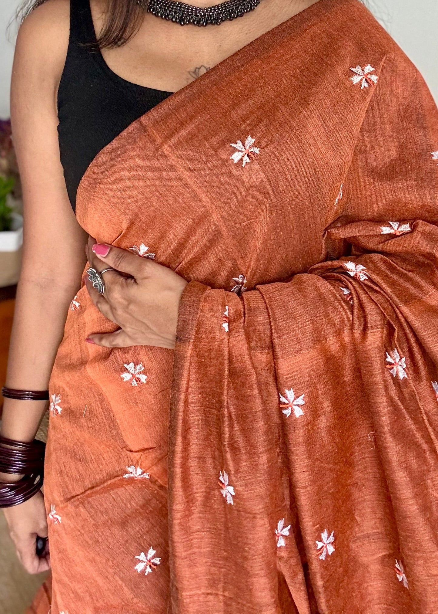 Rust orange parijat soft cotton saree  - YCBCKCAP38