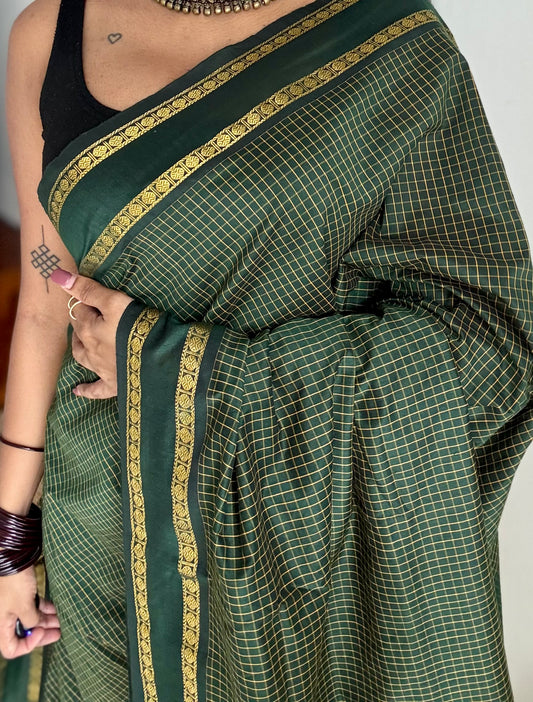 Dark green, arani checks saree, cotton silk - YCCOTNAUG18
