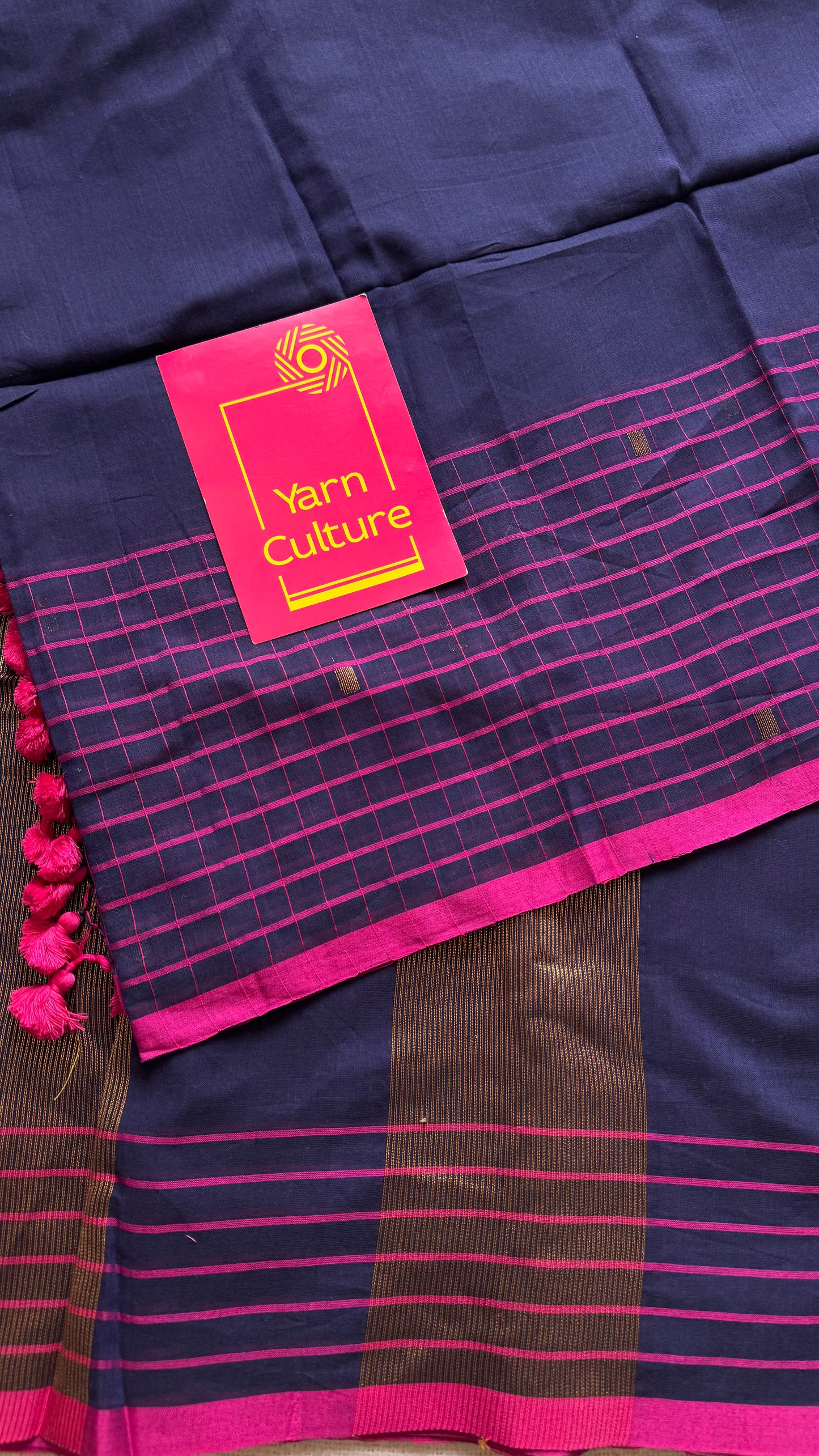 Navy handloom mul saree with hot pink checkered borders and antique gold buttas - YCBCMCFE386