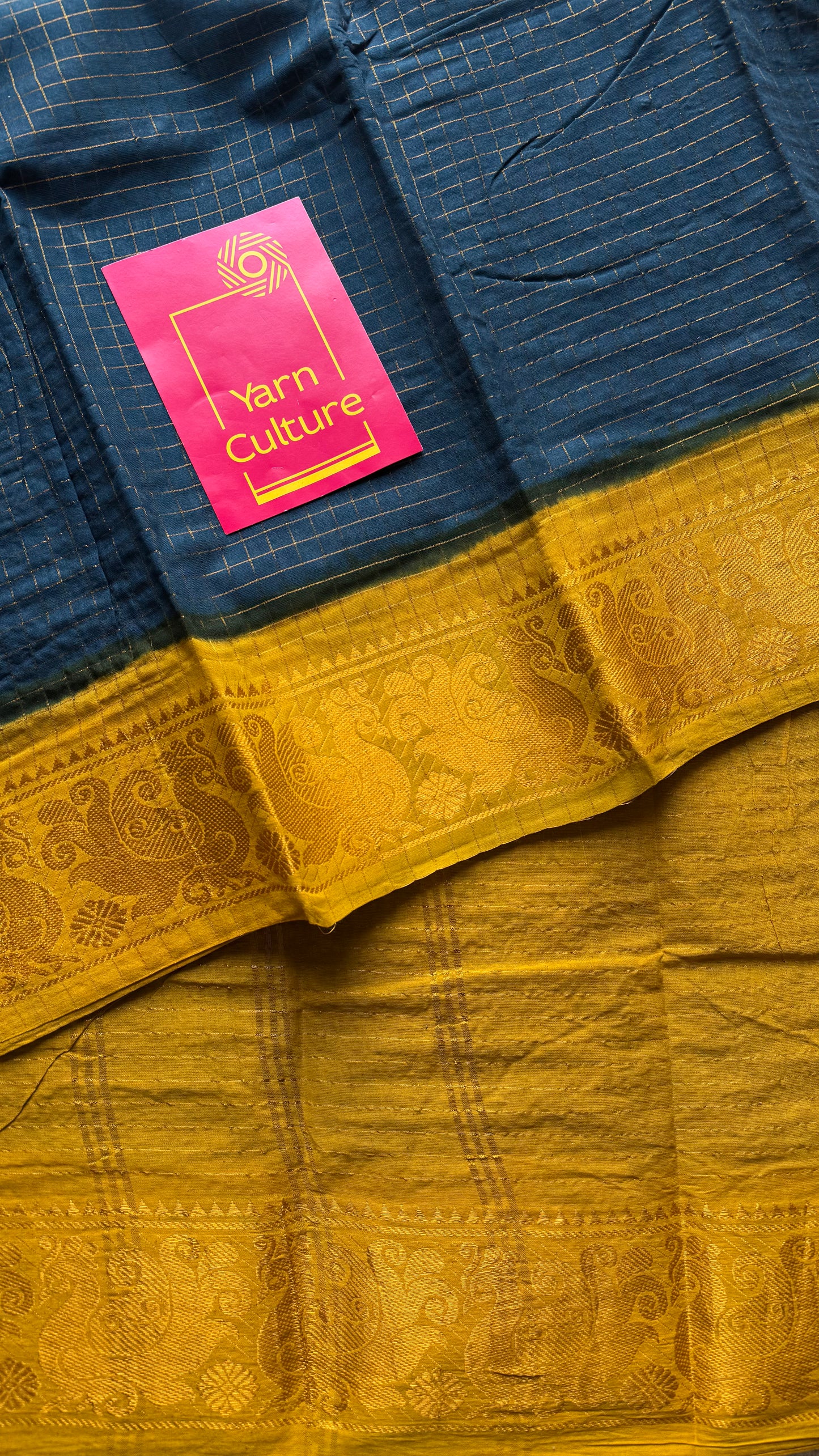 Dark teal with turmeric yellow, checkered with zari border, sungudi cotton - YCCOTNSUDE48