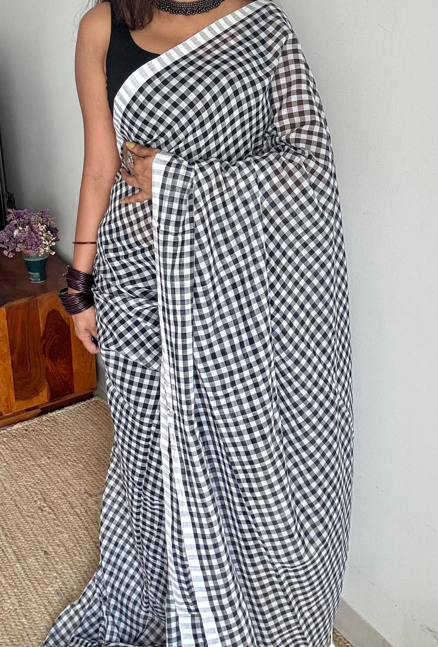 Black and white checkered mul cotton saree  - YCBCMCCMA29