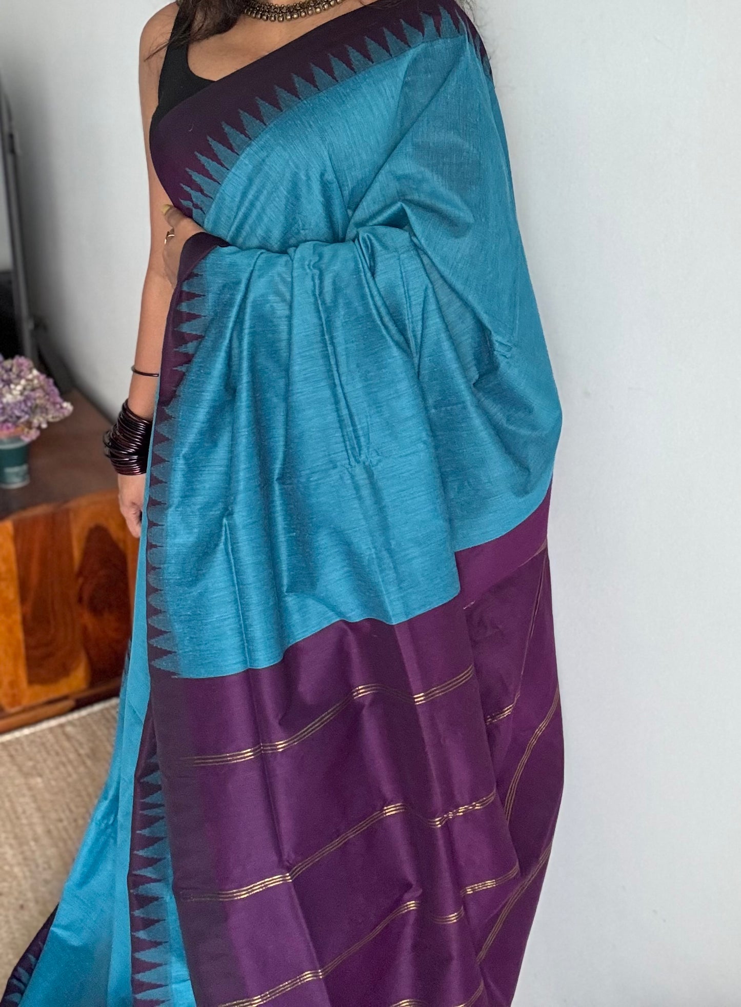 Blue with wine contrast, temple border saree, cotton silk - YCCOTNTBFE58
