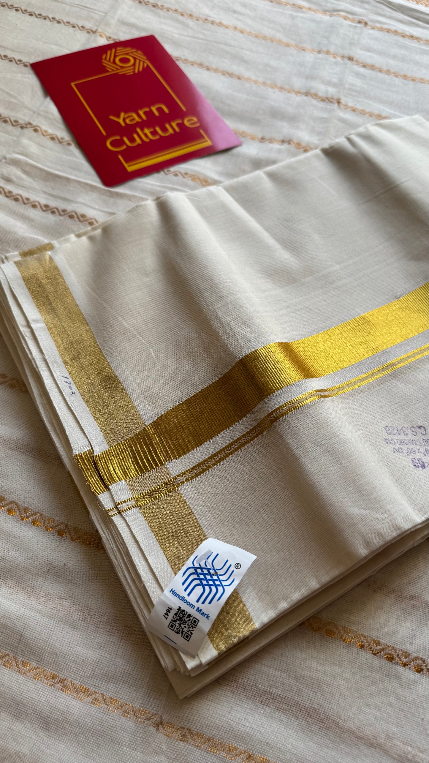 Ivory Chendamangalam Handloom Double Mundu with Gold Kasavu Kara | Soft Cotton Men's Dhoti - YCMSEIE178