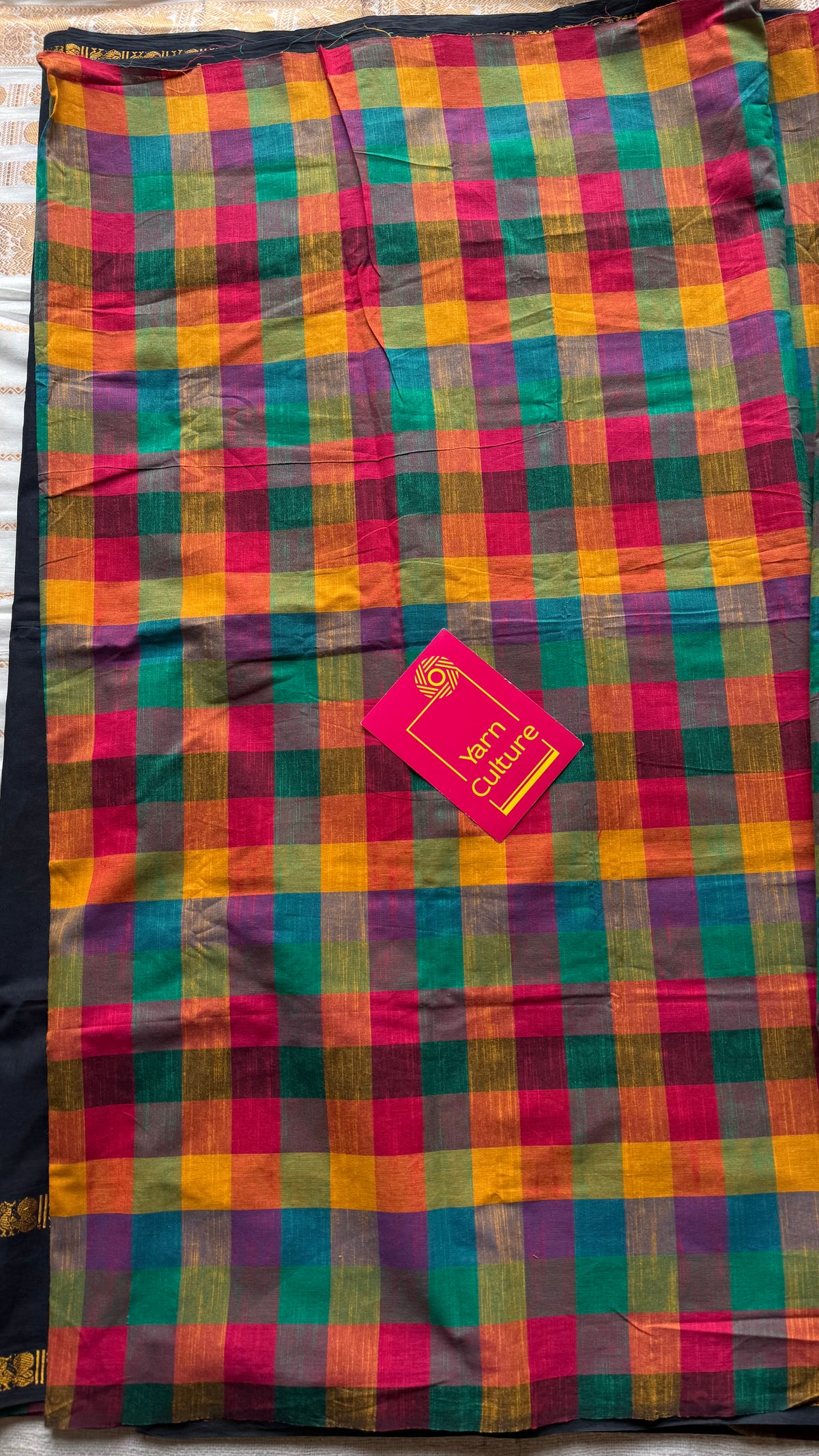 Plain black with multicoloured checks, cotton half-half saree - YCCOTNIDOC43